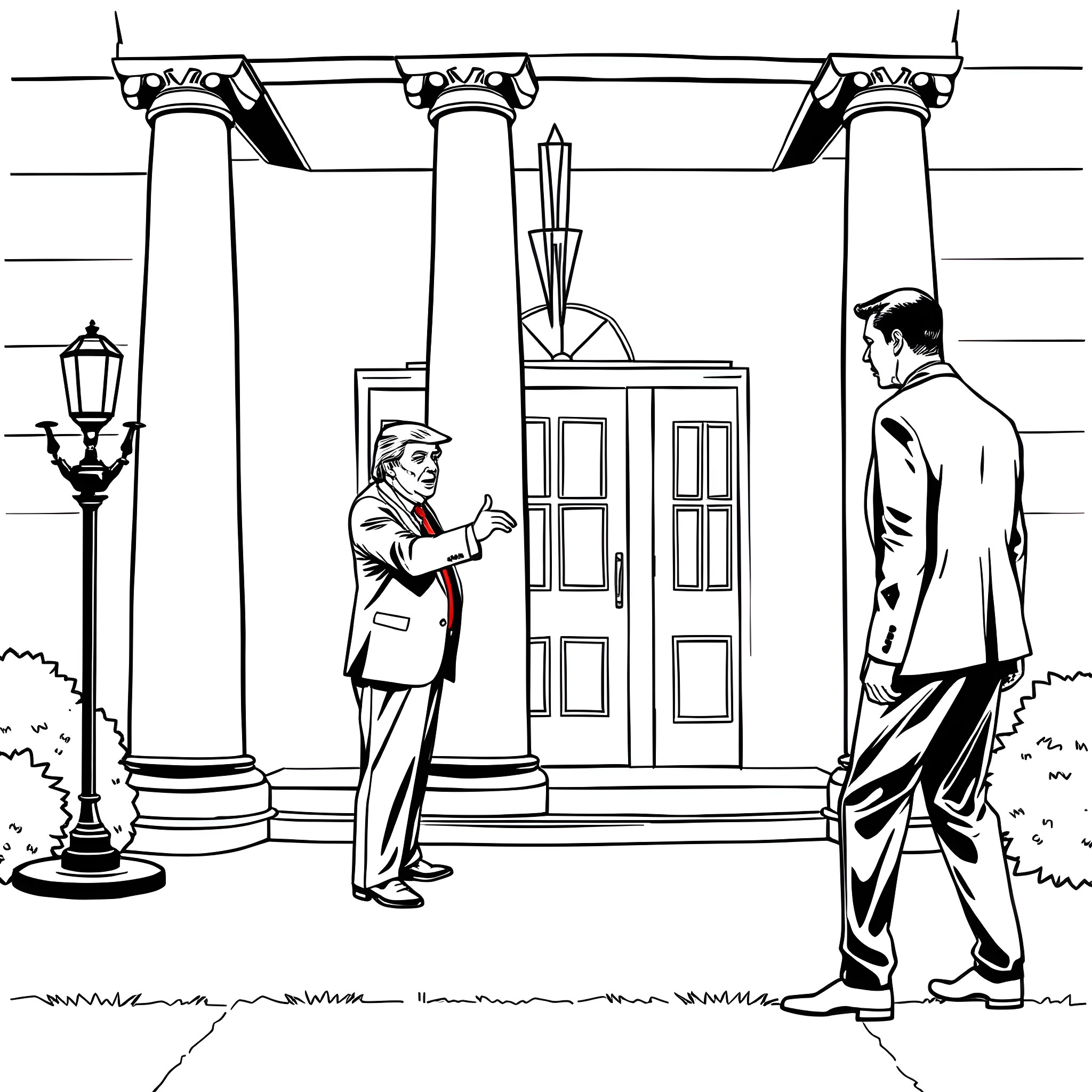 Trump's Formal Meeting Outside Government Building Coloring Page (free black-and-white line drawing printable PDF for all, from beginners to advanced learners, including children, teens, adults, and seniors)