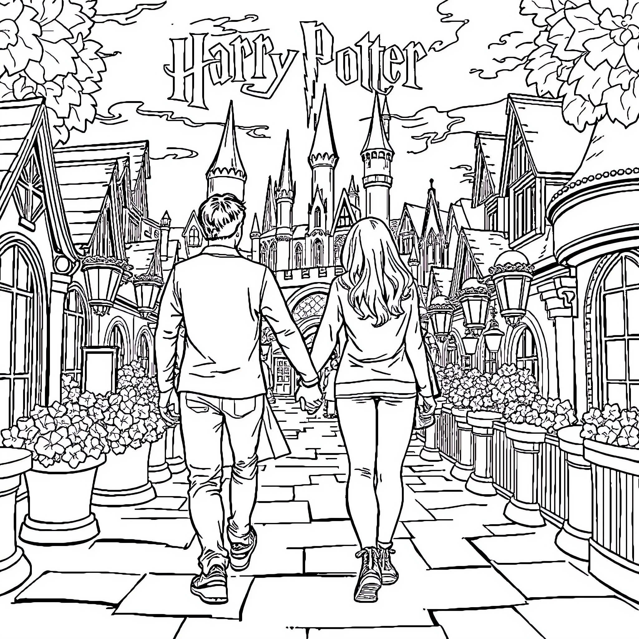 Man and Woman Strolling Through Magical Castle Grounds Coloring Page (free black-and-white line drawing printable PDF for all, from beginners to advanced learners, including children, teens, adults, and seniors)