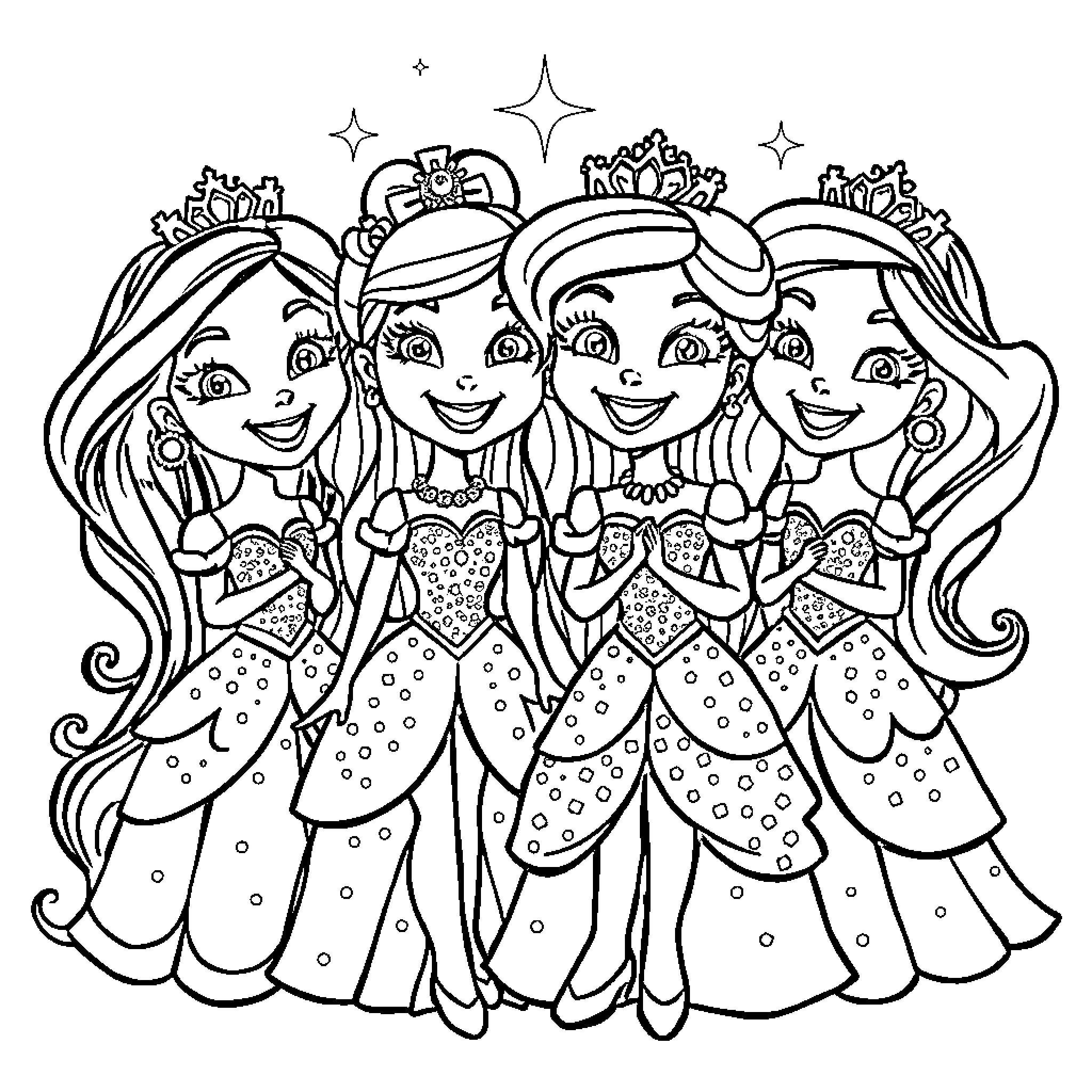 Princess Princesses Joyfully Celebrating Together Coloring Page (free black-and-white line drawing printable PDF for all, from beginners to advanced learners, including children, teens, adults, and seniors)
