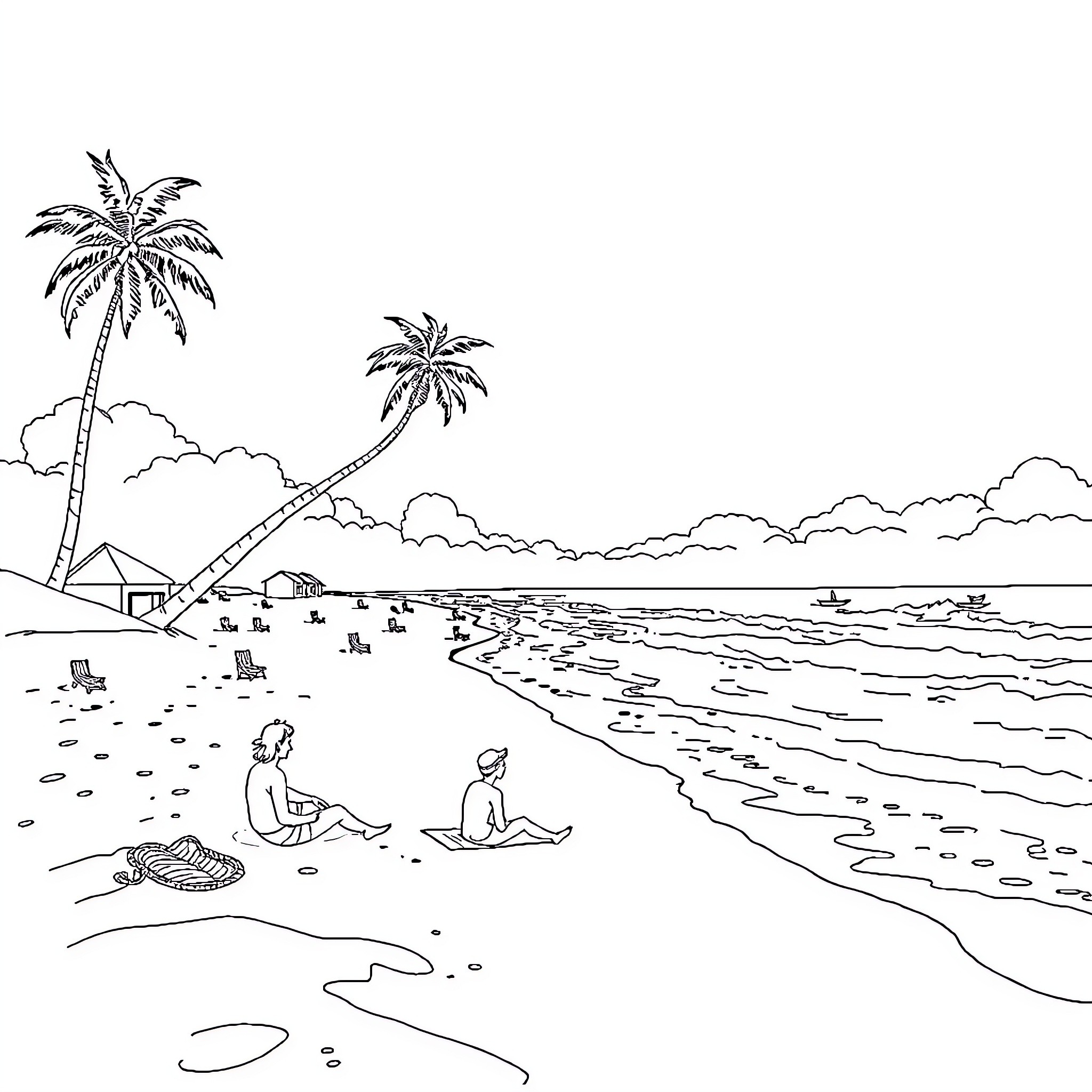 Beach Scene with People Relaxing Coloring Page (free black-and-white line drawing printable PDF for all, from beginners to advanced learners, including children, teens, adults, and seniors)