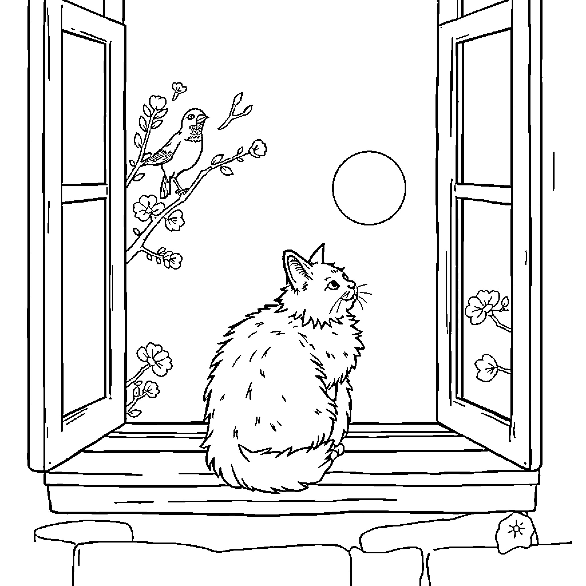 Cat gazing through open window at bird Coloring Page (free black-and-white line drawing printable PDF for all, from beginners to advanced learners, including children, teens, adults, and seniors)