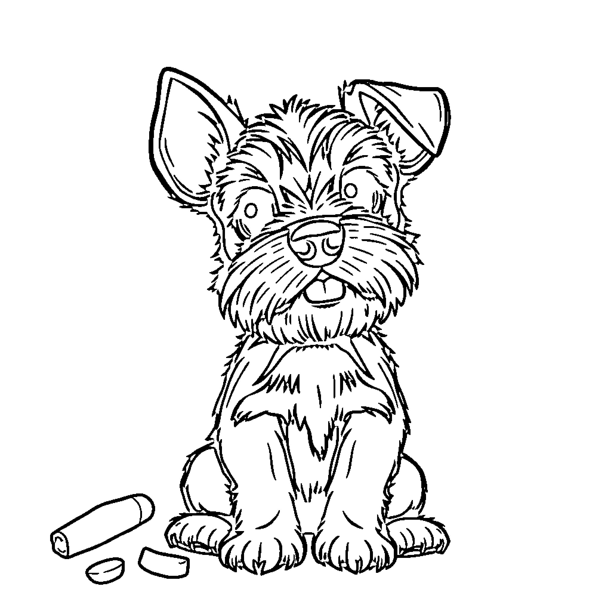 Schnauzer puppy playing with chew toys Coloring Page (free black-and-white line drawing printable PDF for all, from beginners to advanced learners, including children, teens, adults, and seniors)