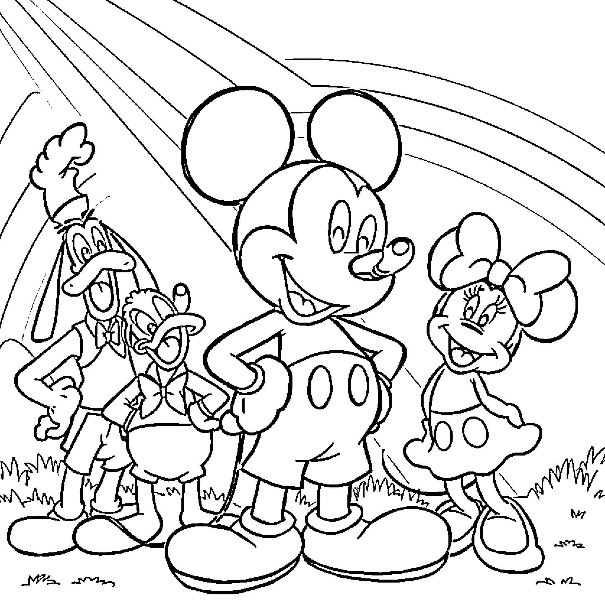 Mickey Mouse and friends in a playful scene Coloring Page (free black-and-white line drawing printable PDF for all, from beginners to advanced learners, including children, teens, adults, and seniors)