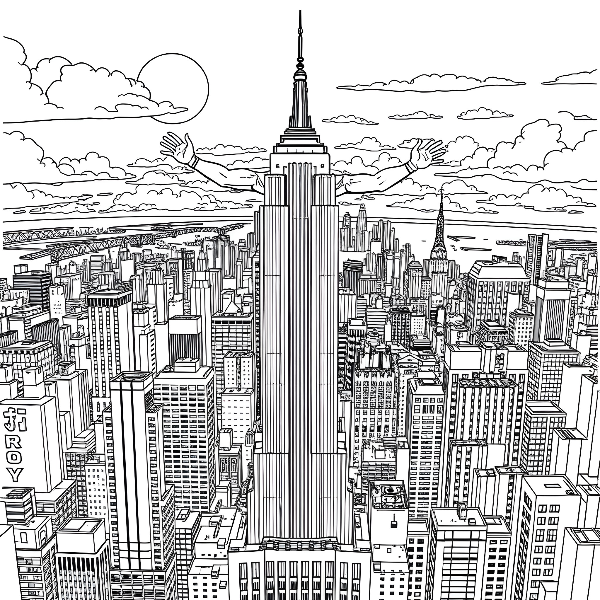Rey Mysterio exploring the vibrant cityscape of New York Coloring Page (free black-and-white line drawing printable PDF for all, from beginners to advanced learners, including children, teens, adults, and seniors)