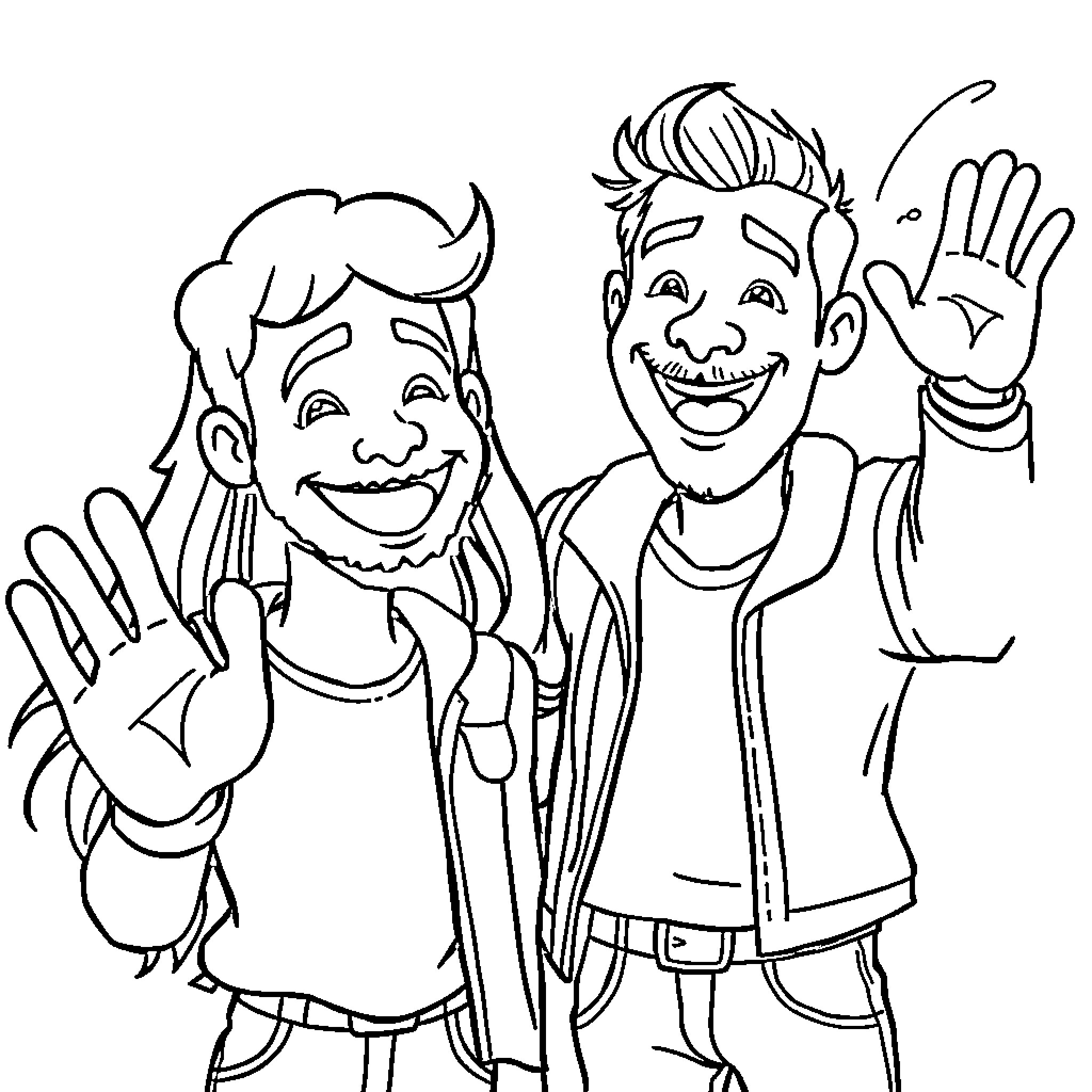 ISCO: Cheerful Children Waving Happily Coloring Page (free black-and-white line drawing printable PDF for all, from beginners to advanced learners, including children, teens, adults, and seniors)