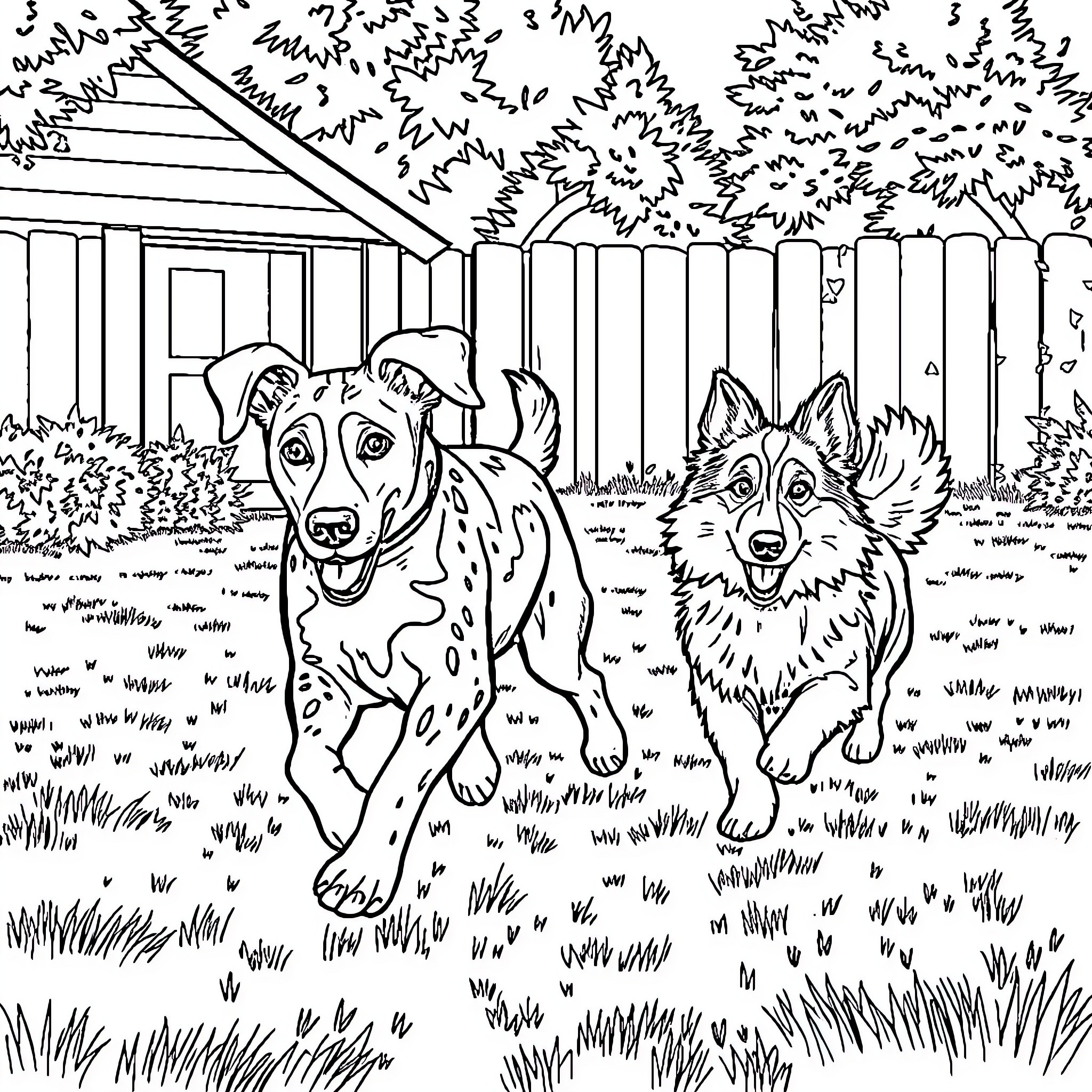 Heeler Pals Enjoy Outdoor Adventures Coloring Page (free black-and-white line drawing printable PDF for all, from beginners to advanced learners, including children, teens, adults, and seniors)