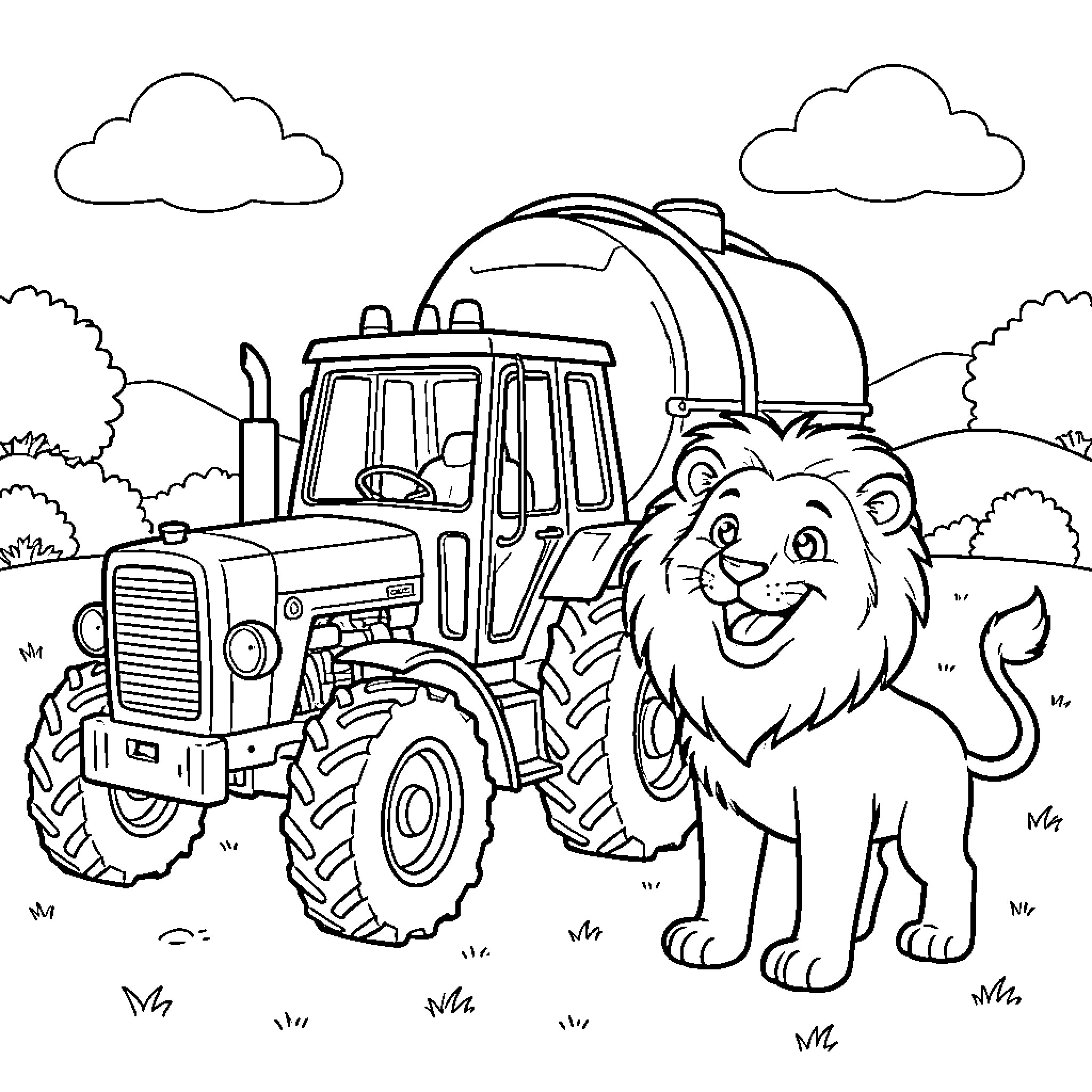 Tractor and friendly lion in the countryside Coloring Page (free black-and-white line drawing printable PDF for all, from beginners to advanced learners, including children, teens, adults, and seniors)