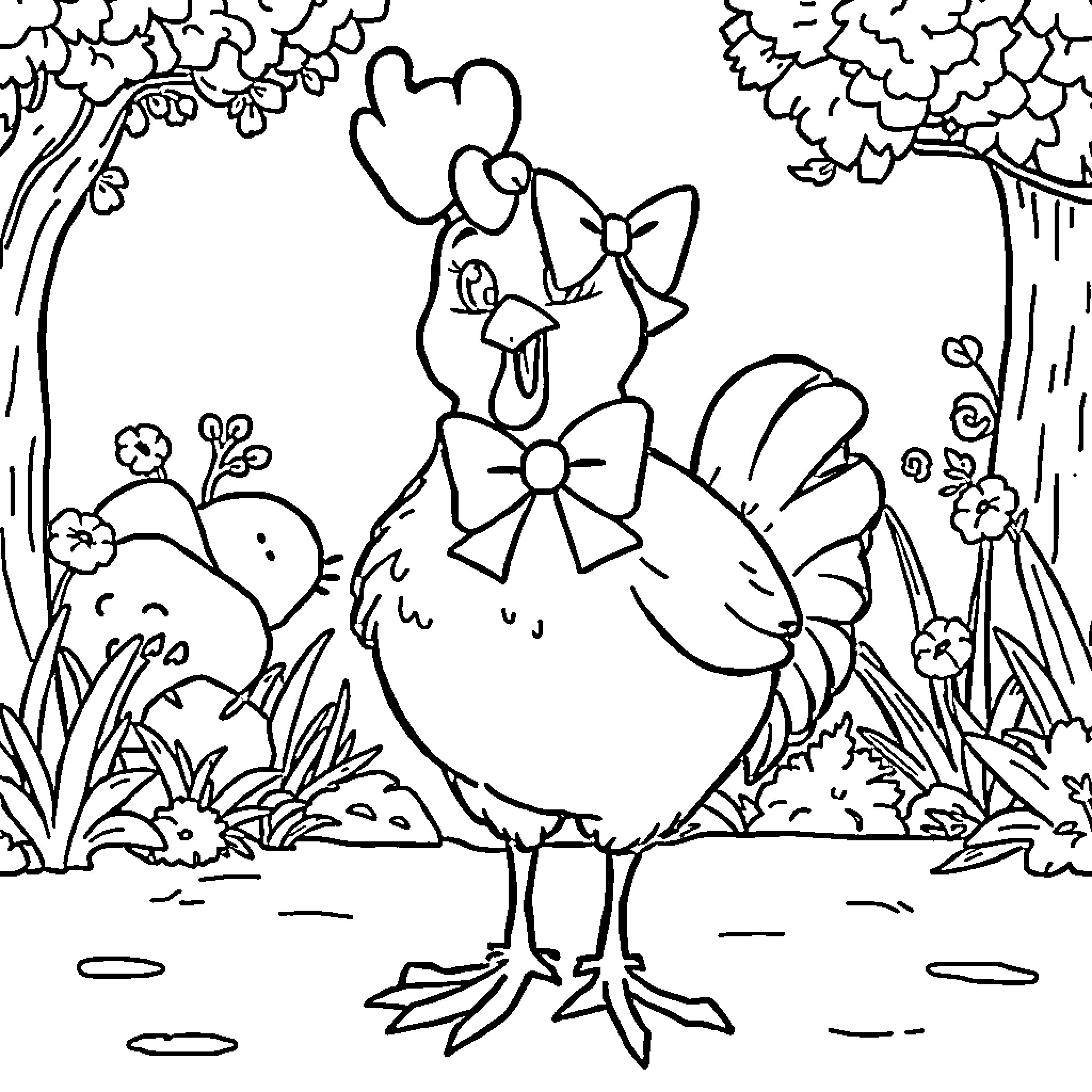 Helen Henny in a floral garden with bows Coloring Page (free black-and-white line drawing printable PDF for all, from beginners to advanced learners, including children, teens, adults, and seniors)