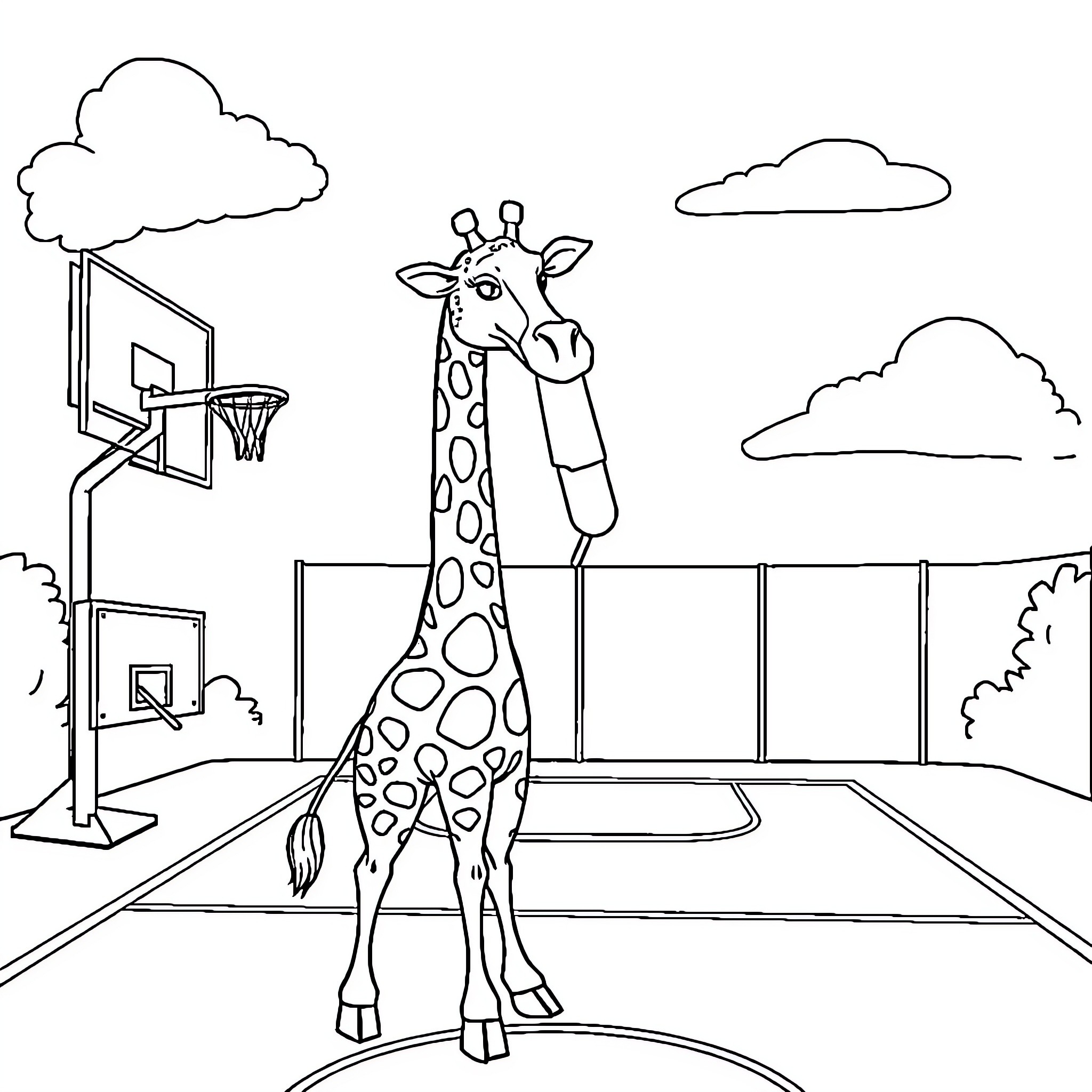 Giraffe playing basketball on outdoor court Coloring Page (free black-and-white line drawing printable PDF for all, from beginners to advanced learners, including children, teens, adults, and seniors)