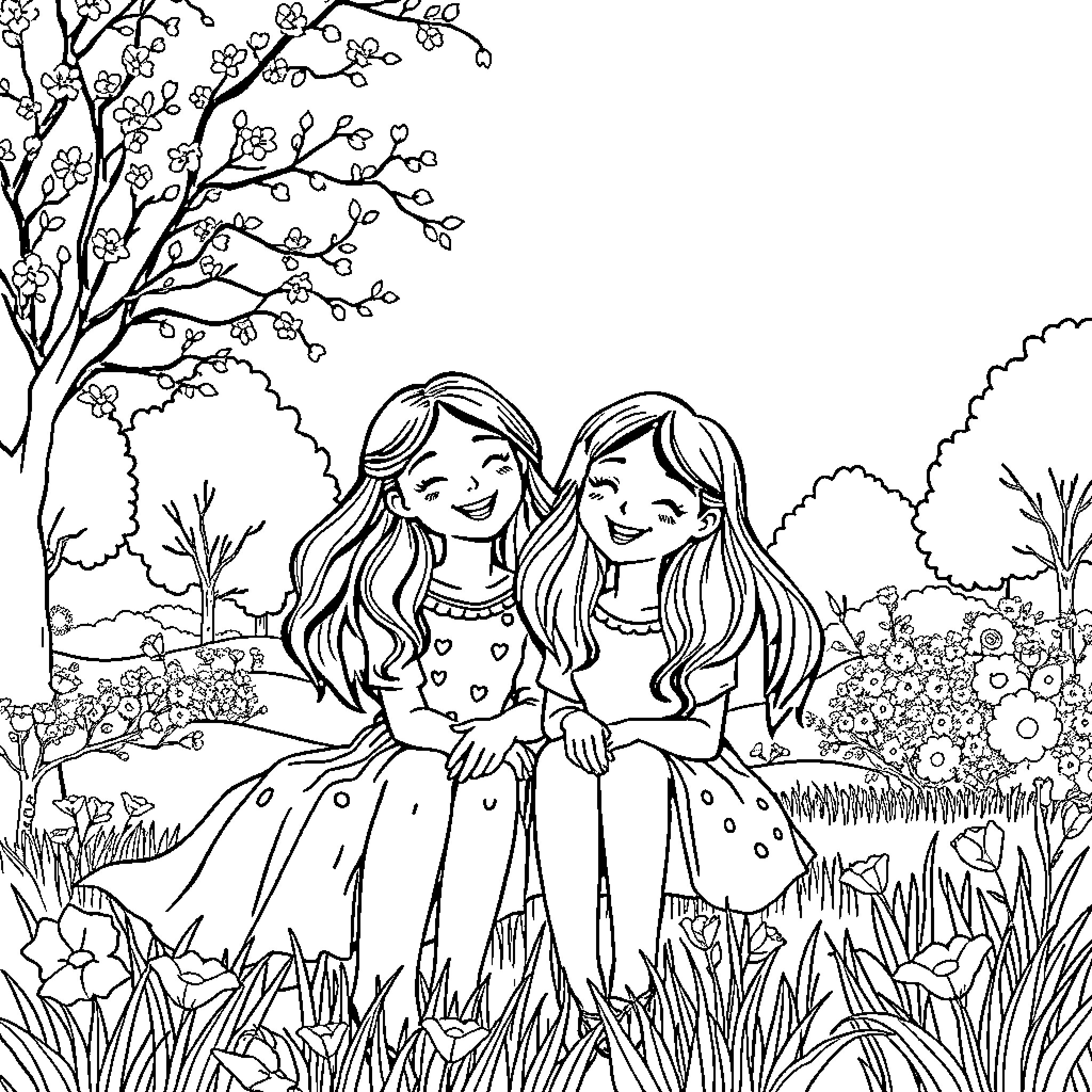 Amities in Flower Garden Coloring Page (free black-and-white line drawing printable PDF for all, from beginners to advanced learners, including children, teens, adults, and seniors)