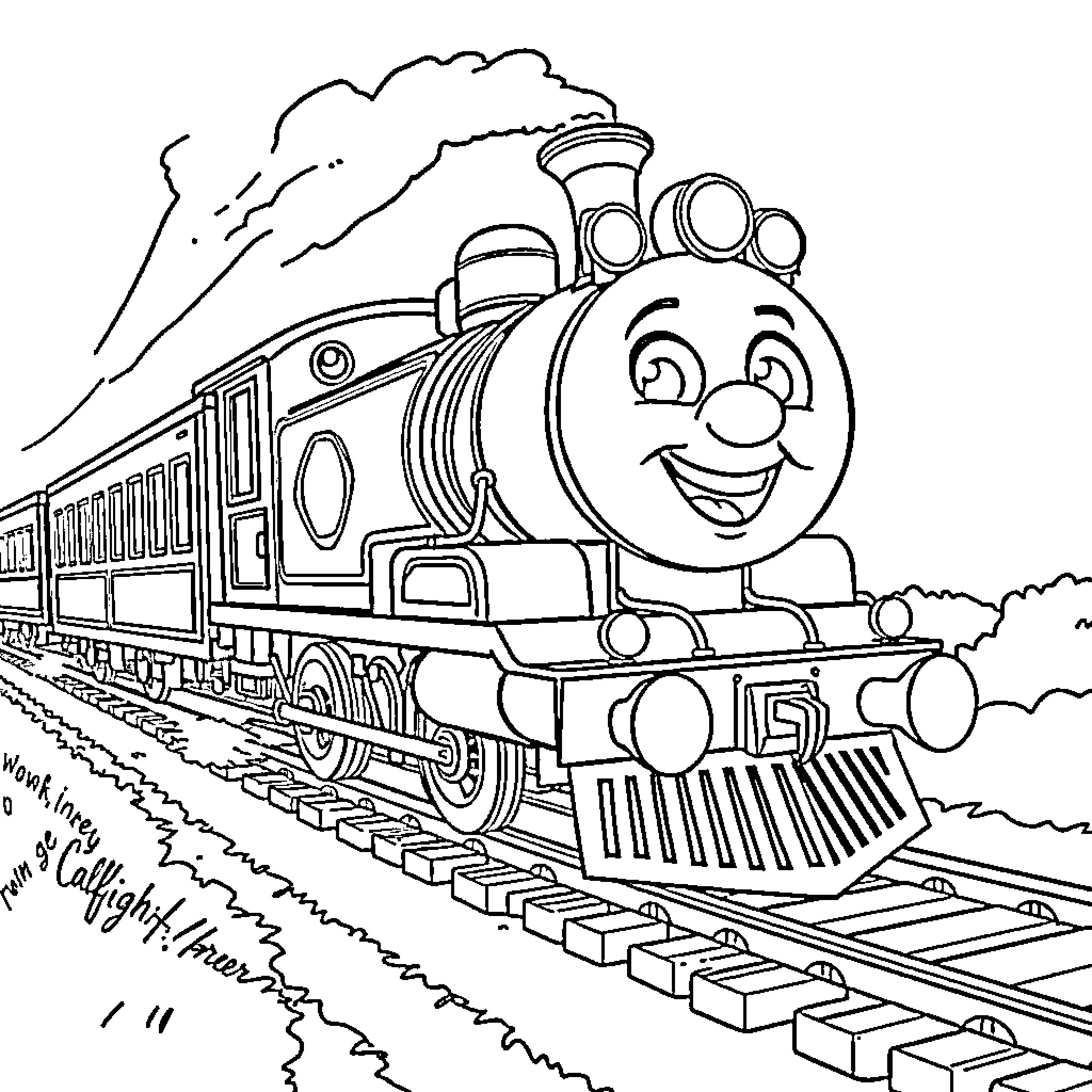 Greaseball locomotive chugging merrily down the tracks Coloring Page (free black-and-white line drawing printable PDF for all, from beginners to advanced learners, including children, teens, adults, and seniors)