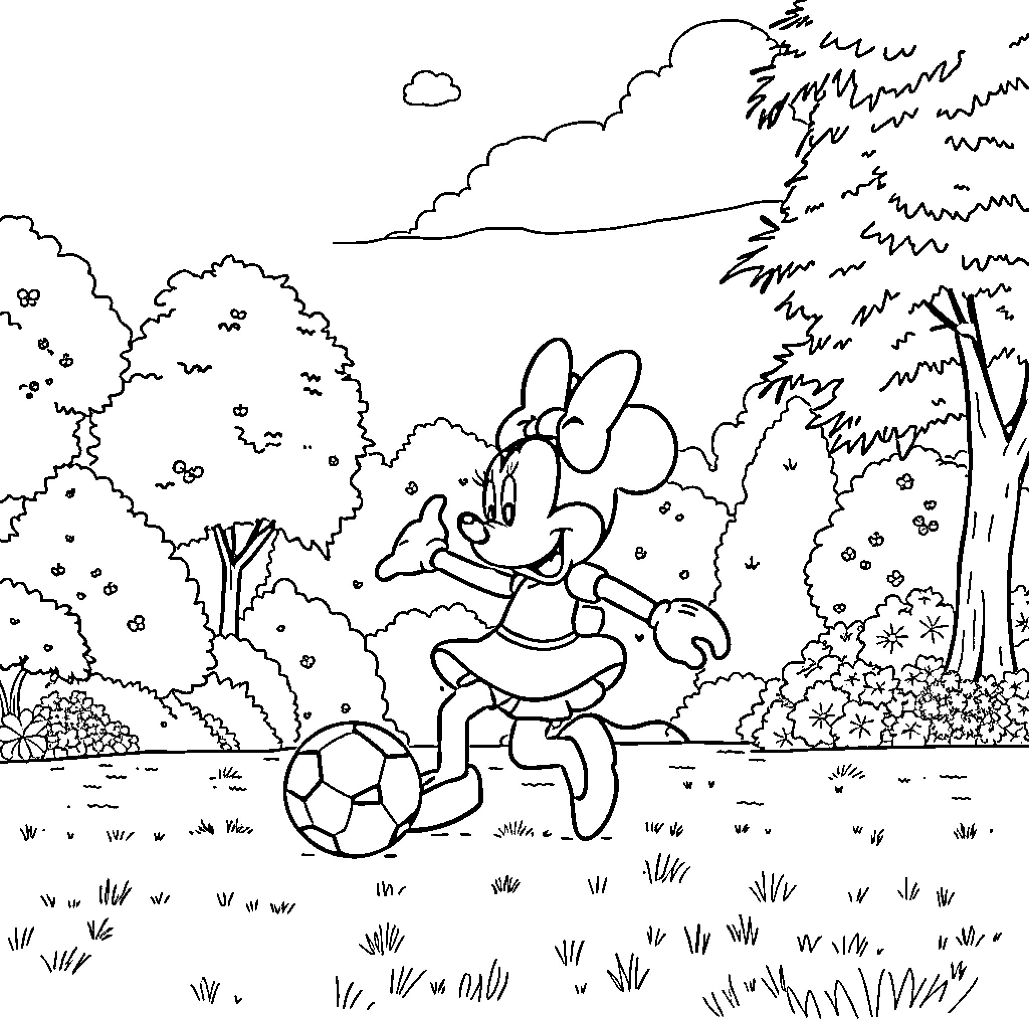 Minnie playing soccer joyfully in the forest Coloring Page (free black-and-white line drawing printable PDF for all, from beginners to advanced learners, including children, teens, adults, and seniors)