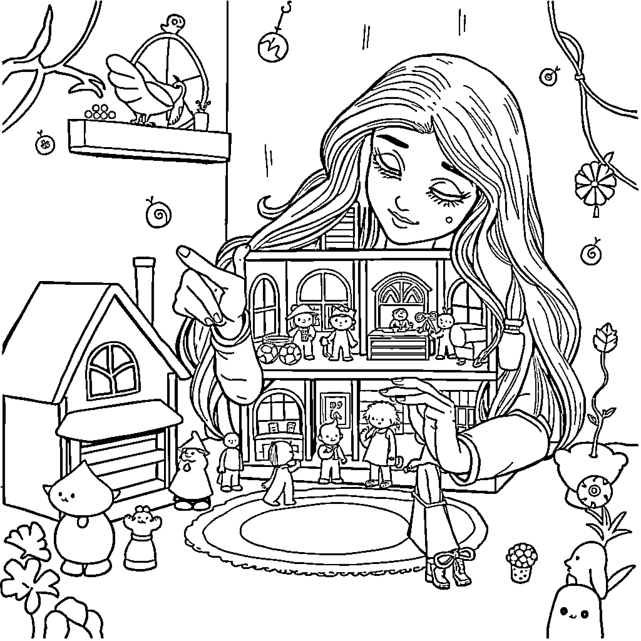 Merlina's Charming Dollhouse Adventure Coloring Page (free black-and-white line drawing printable PDF for all, from beginners to advanced learners, including children, teens, adults, and seniors)