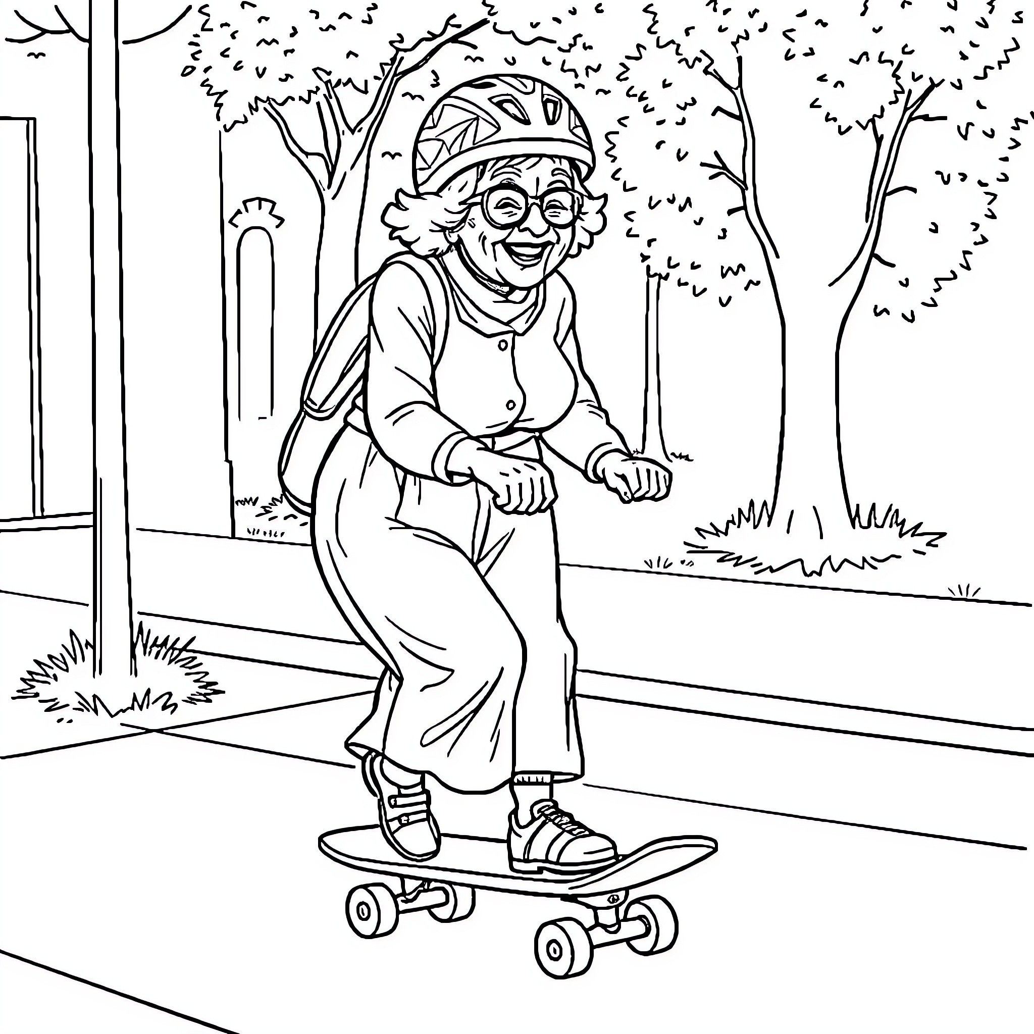 Lady Riding a Skateboard in the Park Coloring Page (free black-and-white line drawing printable PDF for all, from beginners to advanced learners, including children, teens, adults, and seniors)