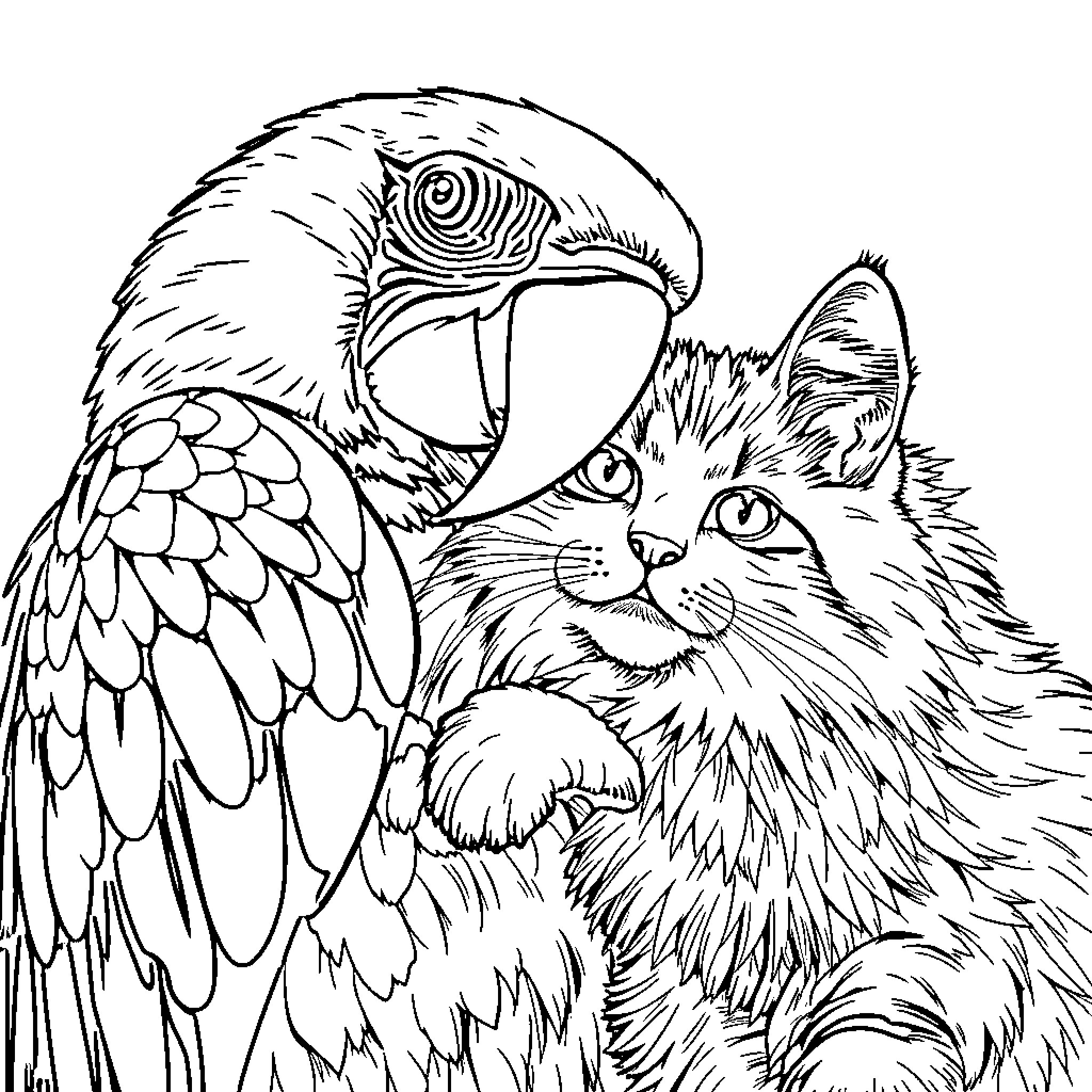 Macaw perching beside furry feline companion Coloring Page (free black-and-white line drawing printable PDF for all, from beginners to advanced learners, including children, teens, adults, and seniors)