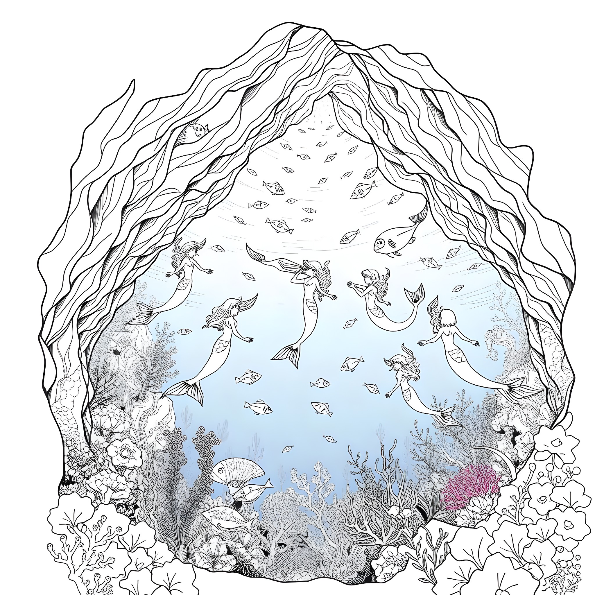 Mermaid dance in the deep blue sea Coloring Page (free black-and-white line drawing printable PDF for all, from beginners to advanced learners, including children, teens, adults, and seniors)