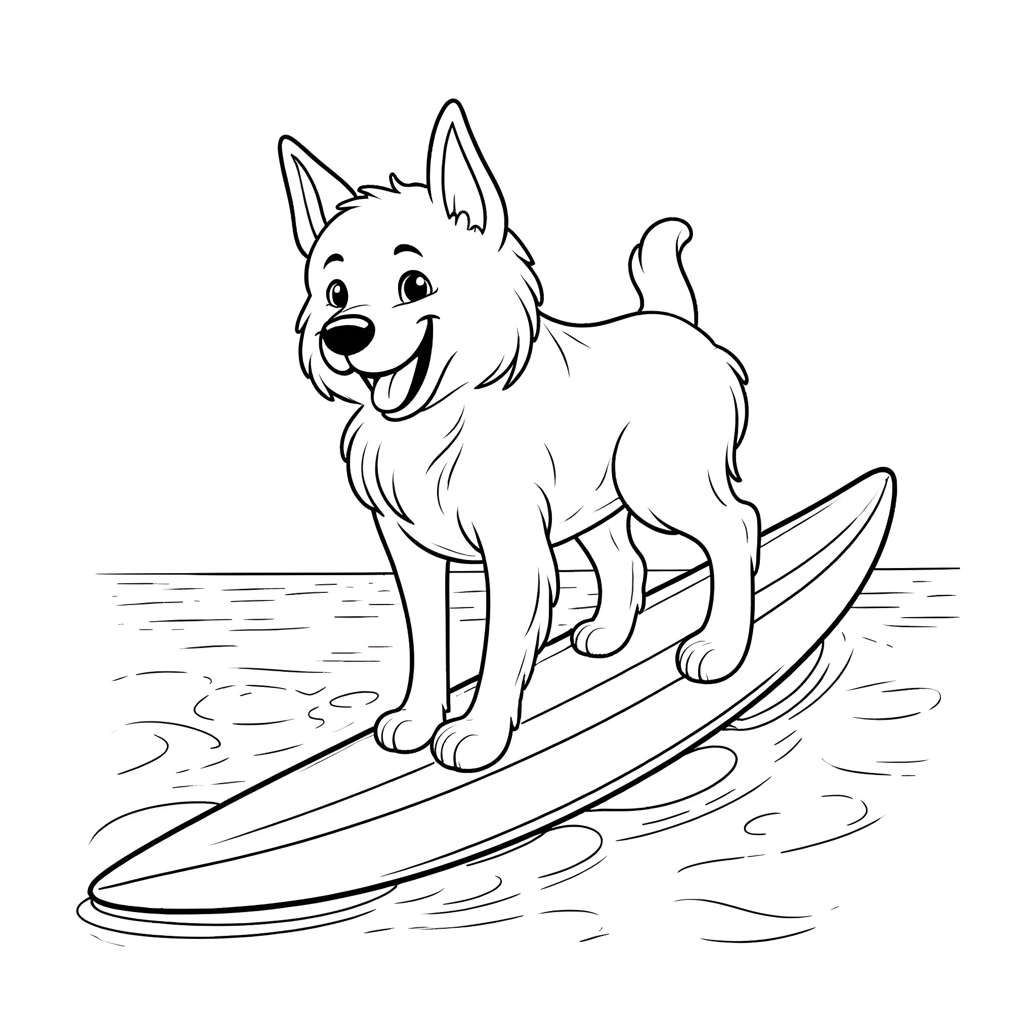 Dog surfing happily on the waves Coloring Page (free black-and-white line drawing printable PDF for all, from beginners to advanced learners, including children, teens, adults, and seniors)