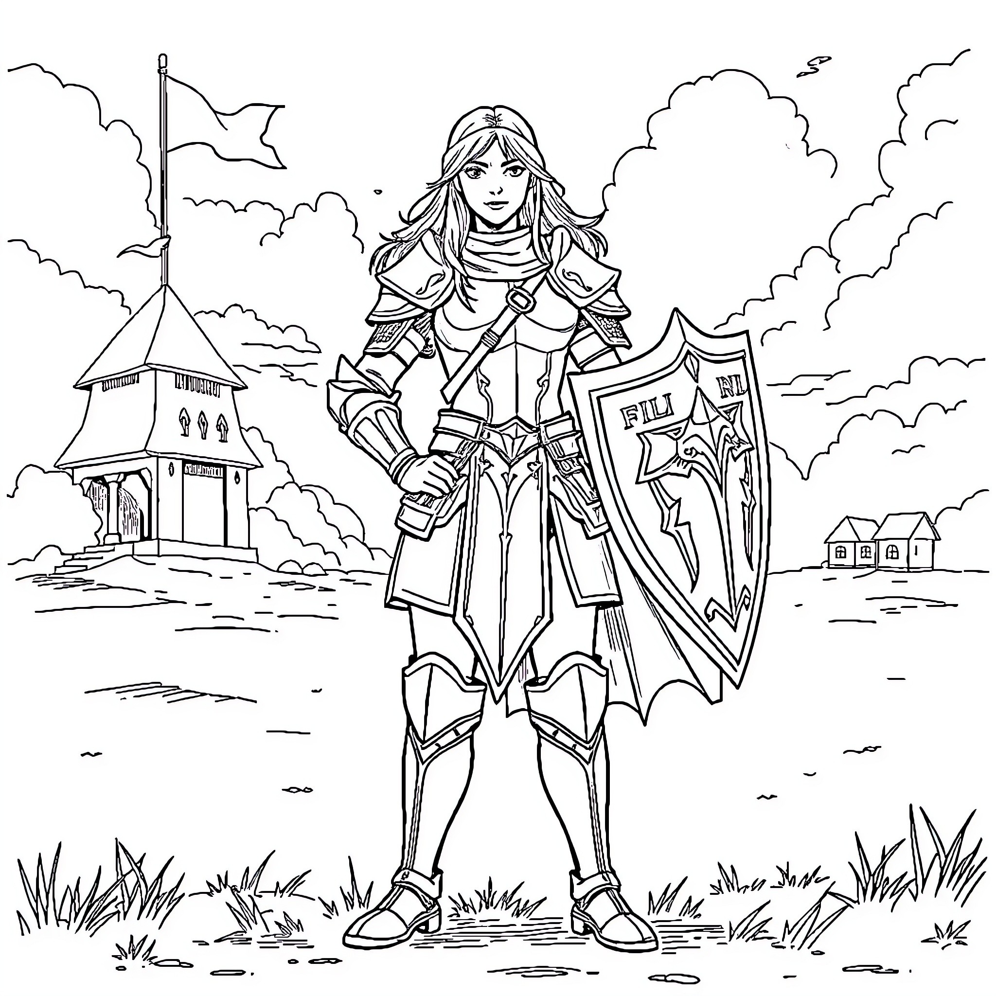 Violet Sorrengail's heroic stance in a fantastical landscape Coloring Page (free black-and-white line drawing printable PDF for all, from beginners to advanced learners, including children, teens, adults, and seniors)
