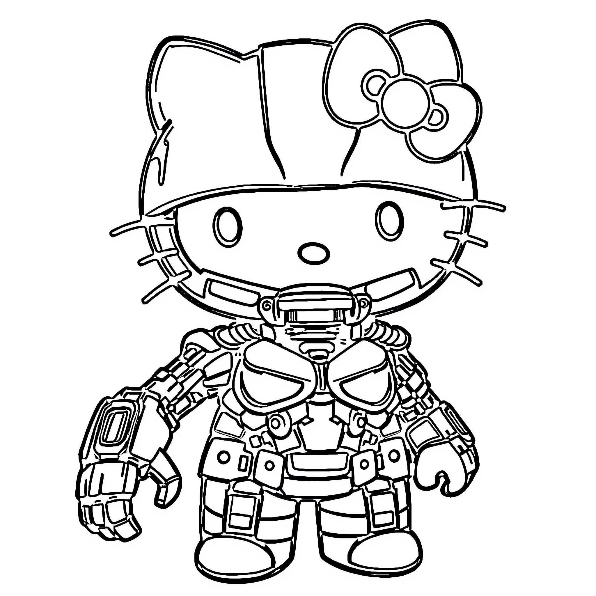 Hello Kitty as a Futuristic Robot Coloring Page (free black-and-white line drawing printable PDF for all, from beginners to advanced learners, including children, teens, adults, and seniors)