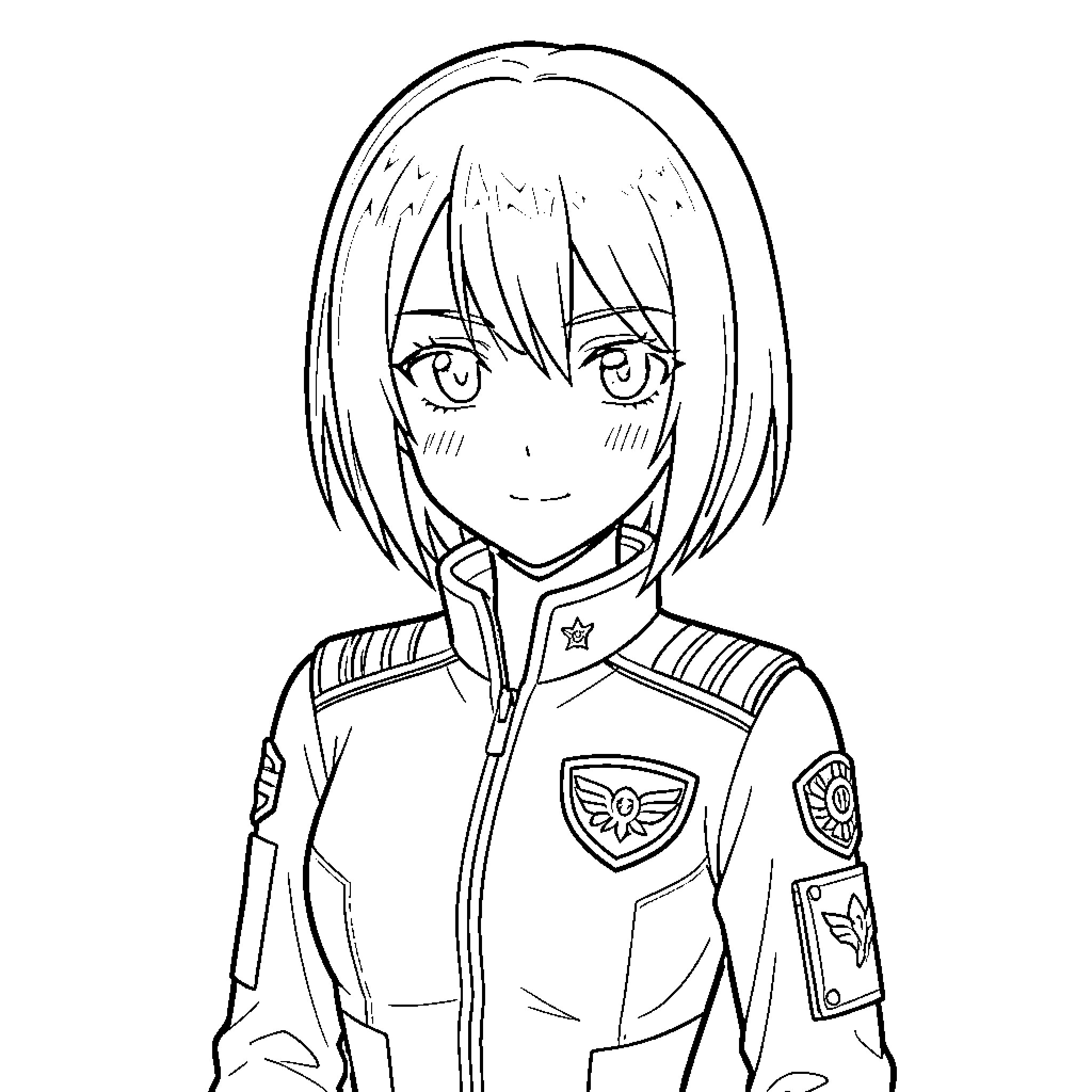 Rei Ayanami in military uniform with patches Coloring Page (free black-and-white line drawing printable PDF for all, from beginners to advanced learners, including children, teens, adults, and seniors)