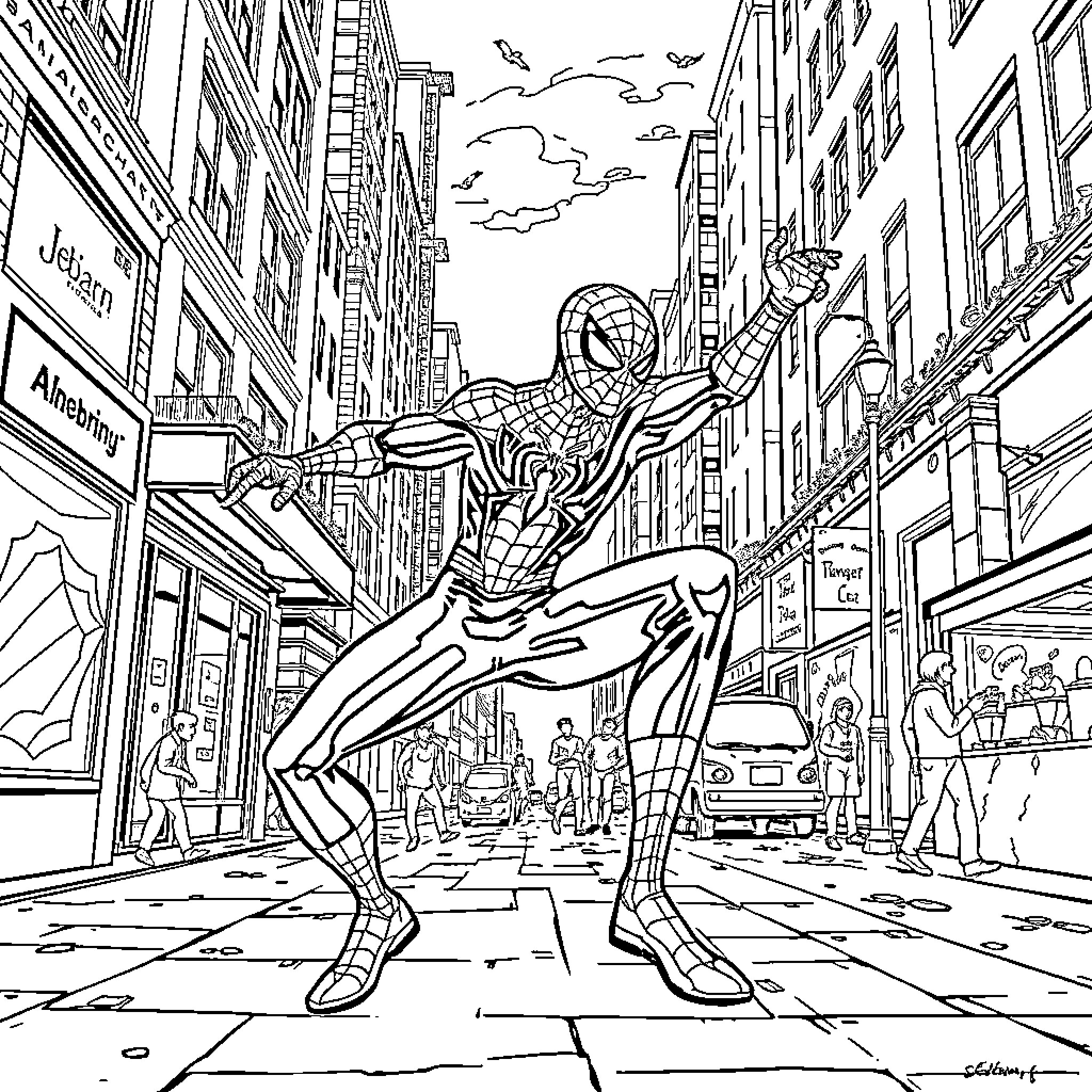 Spiderman web-slinging through the city streets Coloring Page (free black-and-white line drawing printable PDF for all, from beginners to advanced learners, including children, teens, adults, and seniors)