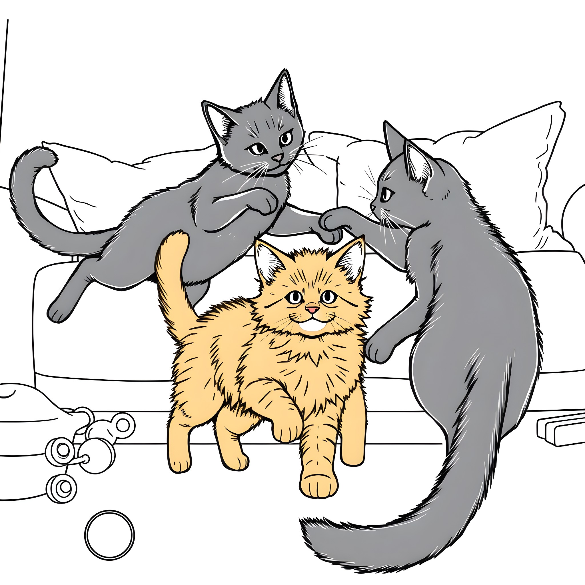 Cats Playing with Toys in Room Coloring Page (free black-and-white line drawing printable PDF for all, from beginners to advanced learners, including children, teens, adults, and seniors)