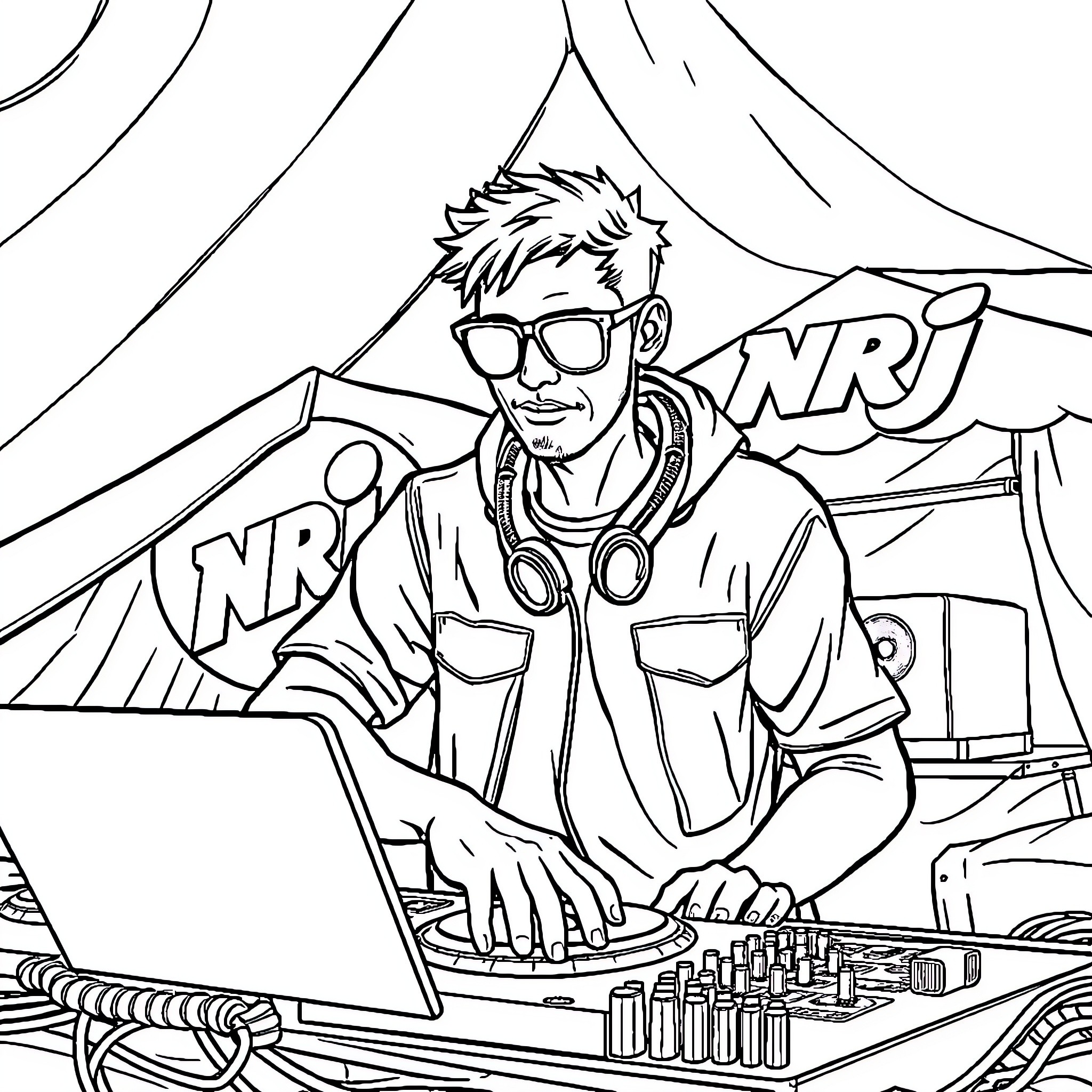 Disc Jockey mixing beats and tunes on console Coloring Page (free black-and-white line drawing printable PDF for all, from beginners to advanced learners, including children, teens, adults, and seniors)