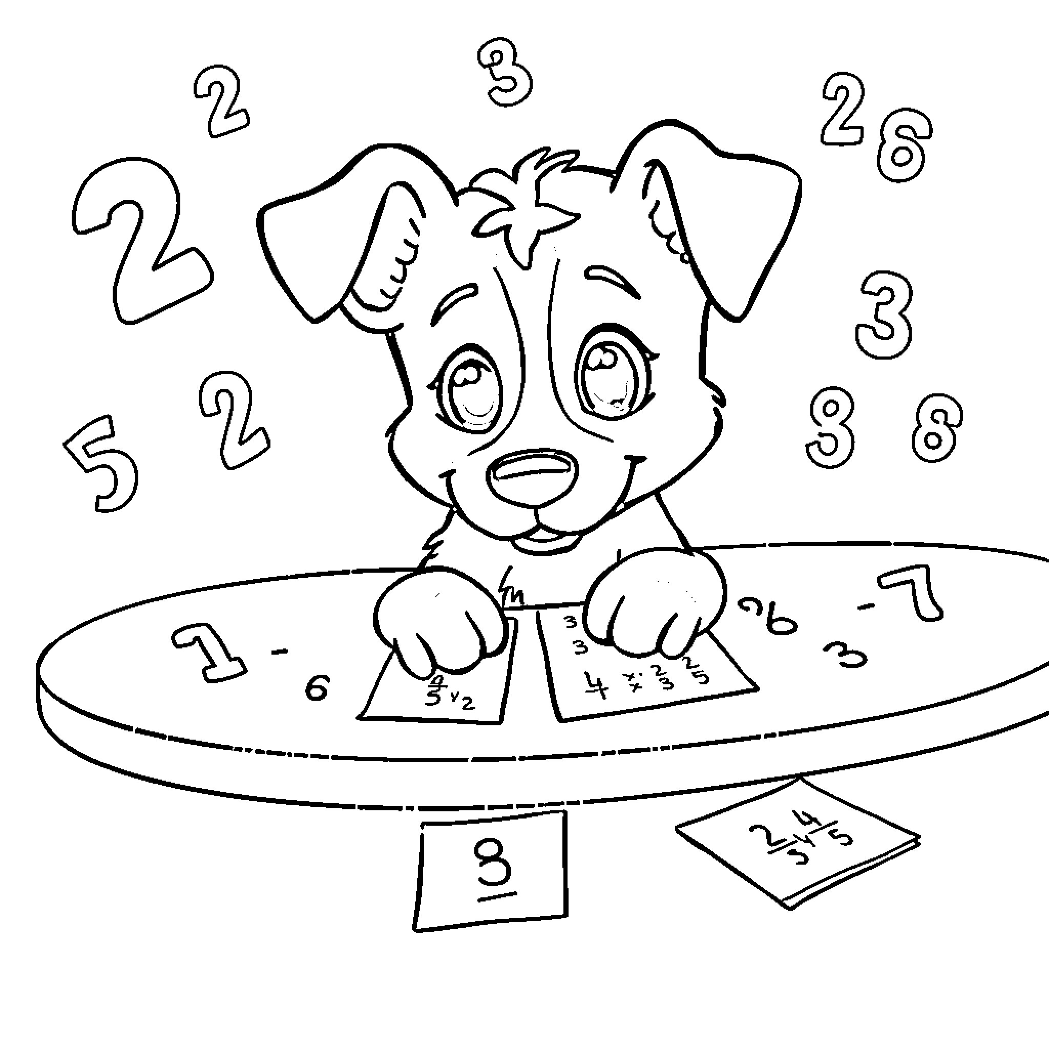 Bluey Learns Math with Fun and Enthusiasm Coloring Page (free black-and-white line drawing printable PDF for all, from beginners to advanced learners, including children, teens, adults, and seniors)