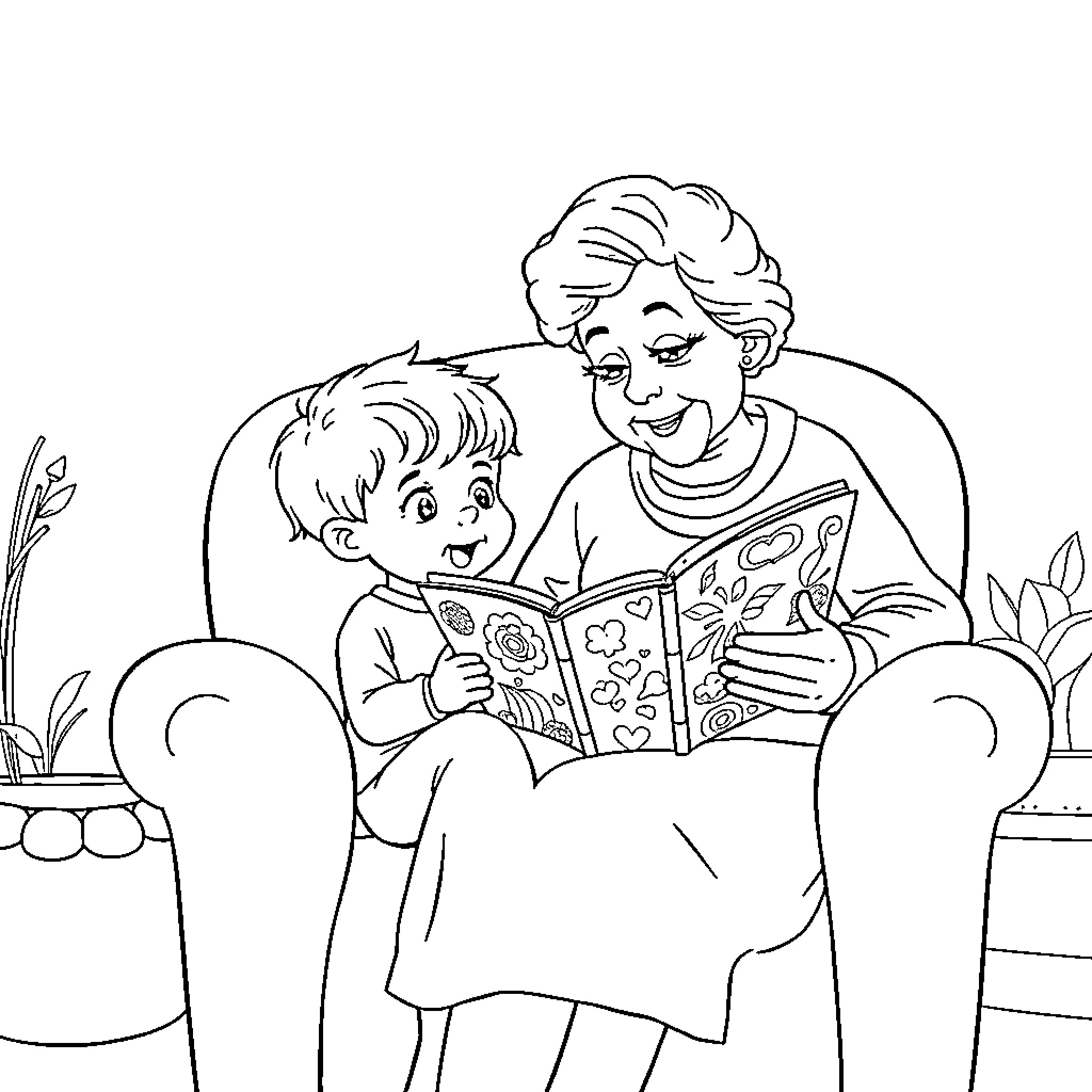 Grandma reading a storybook to her grandson Coloring Page (free black-and-white line drawing printable PDF for all, from beginners to advanced learners, including children, teens, adults, and seniors)