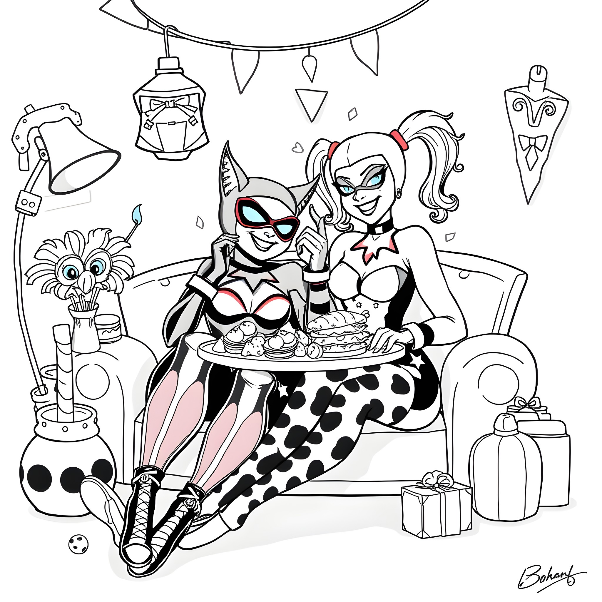 Catwoman's Cozy Night In Coloring Page (free black-and-white line drawing printable PDF for all, from beginners to advanced learners, including children, teens, adults, and seniors)