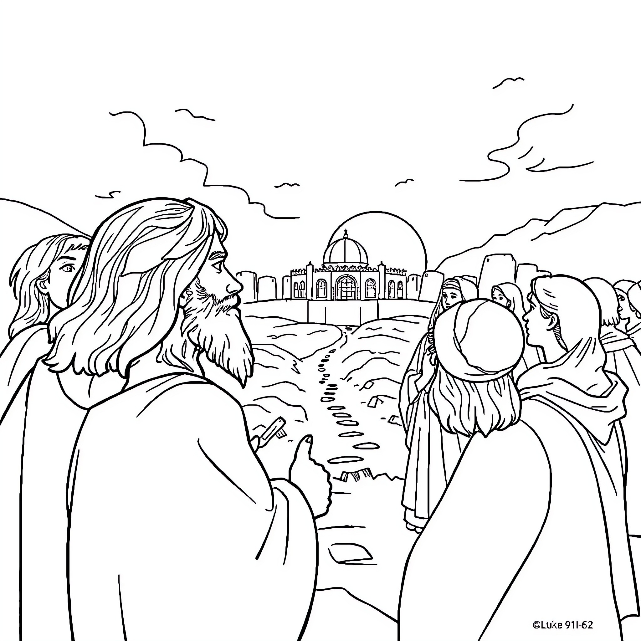 Bible figures walking in a desert landscape Coloring Page (free black-and-white line drawing printable PDF for all, from beginners to advanced learners, including children, teens, adults, and seniors)