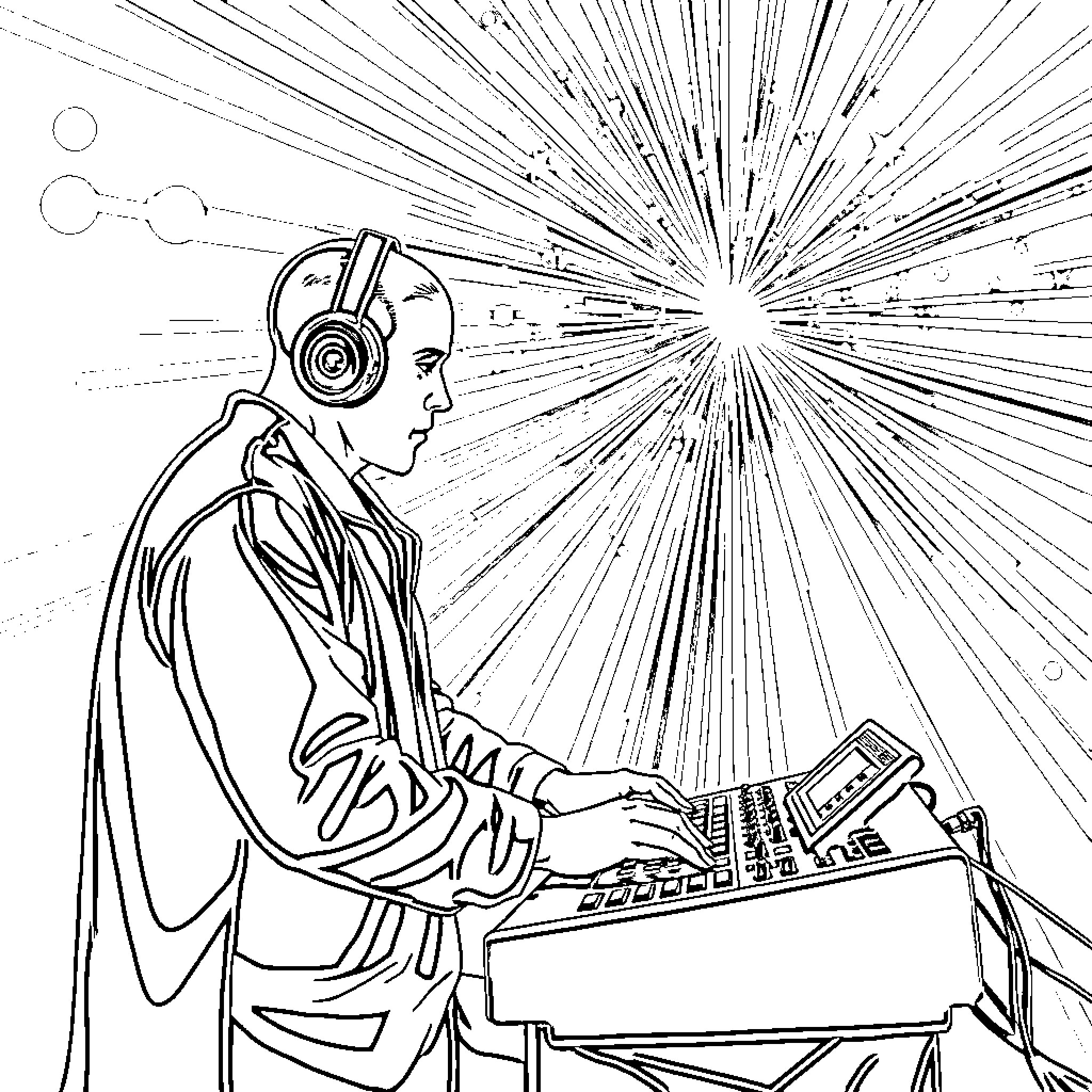 Lightjockey working intensely with audio equipment Coloring Page (free black-and-white line drawing printable PDF for all, from beginners to advanced learners, including children, teens, adults, and seniors)