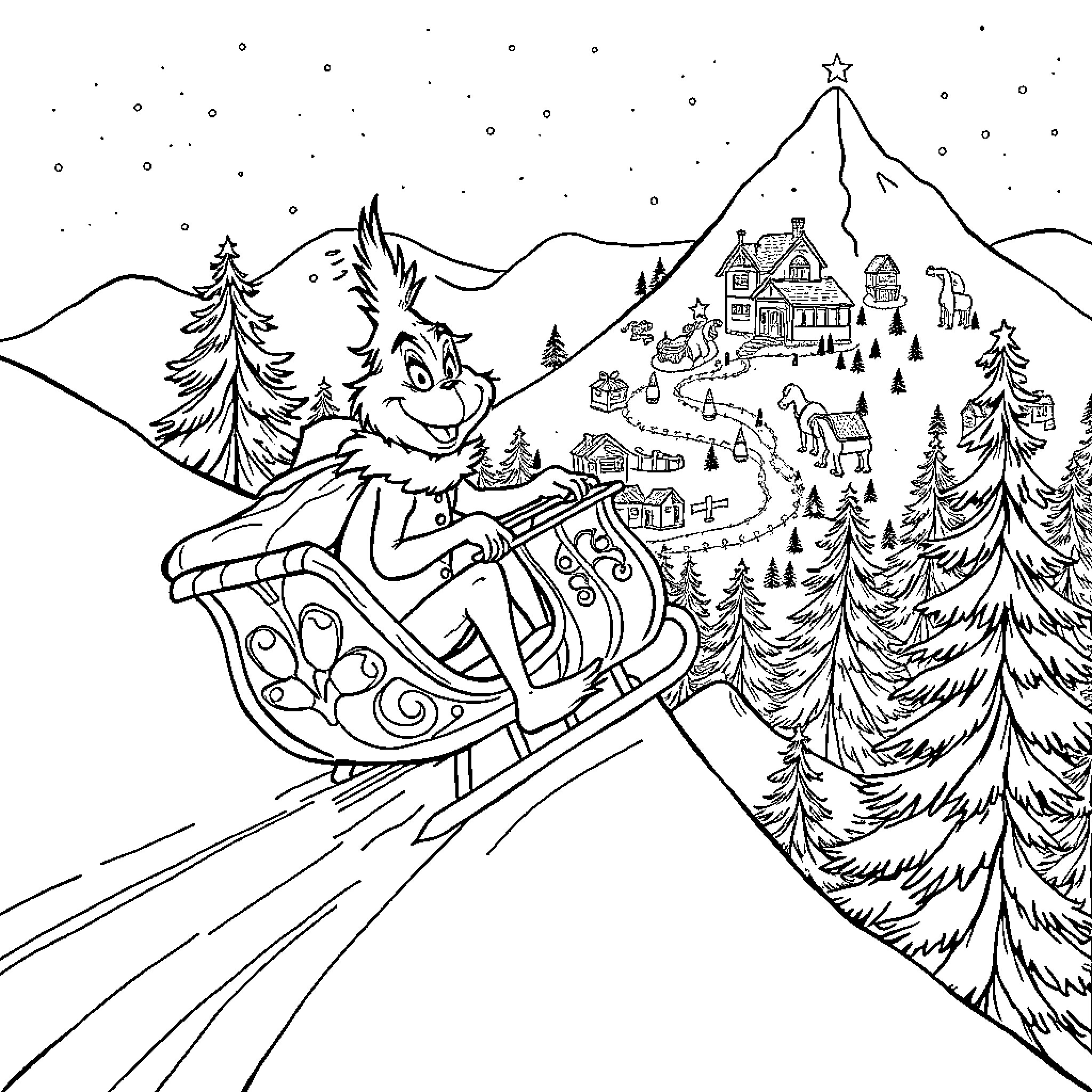 Grinch's Merry Sleigh Ride through Snowy Winter Wonderland Coloring Page (free black-and-white line drawing printable PDF for all, from beginners to advanced learners, including children, teens, adults, and seniors)