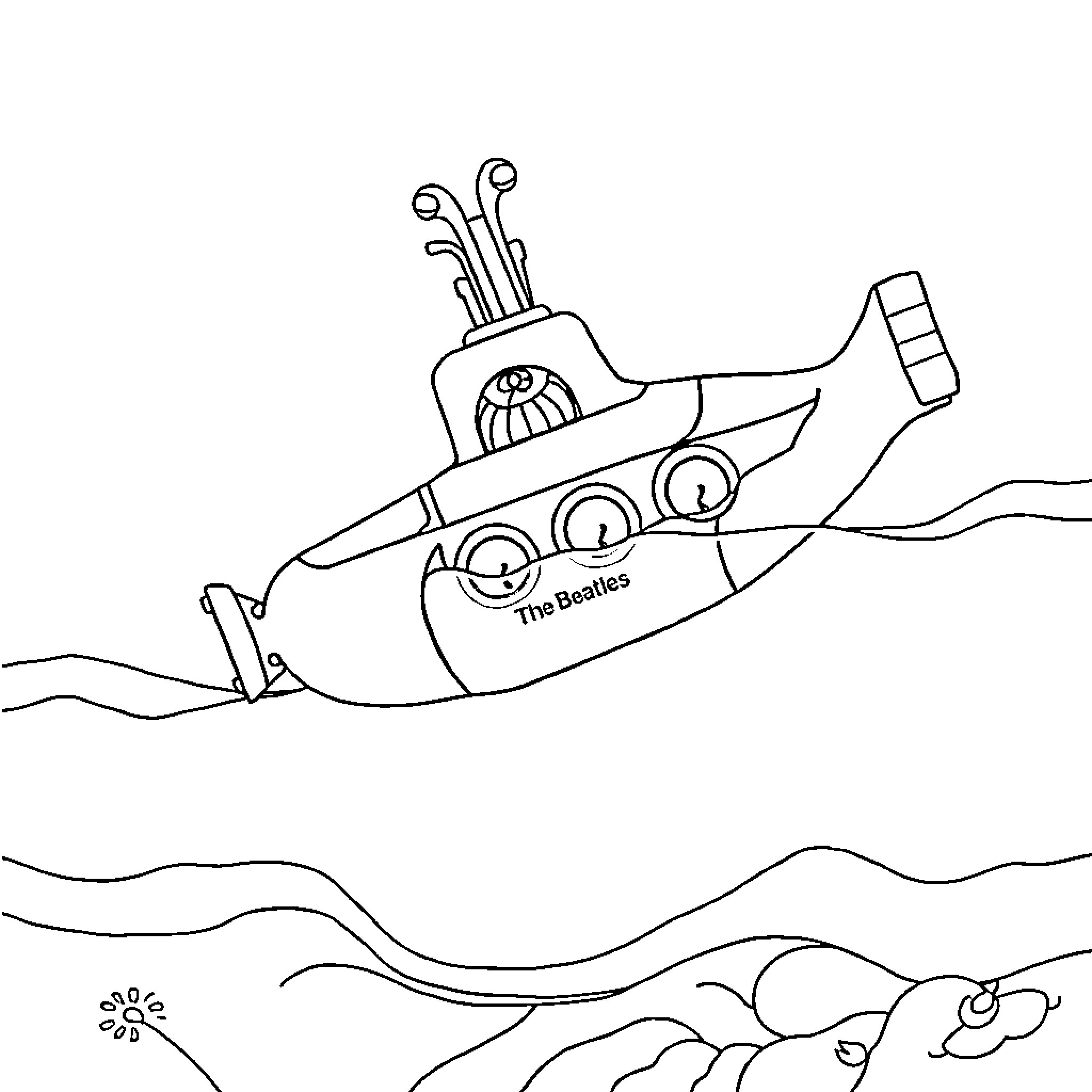 Submarine with quirky characters on an adventure Coloring Page (free black-and-white line drawing printable PDF for all, from beginners to advanced learners, including children, teens, adults, and seniors)