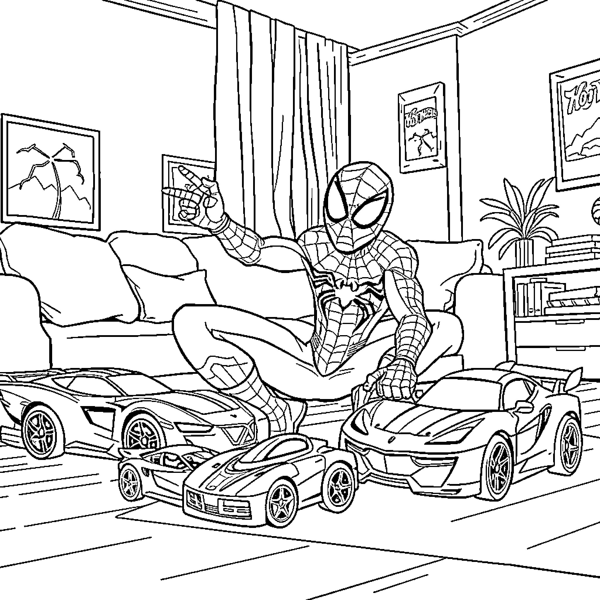 Spiderman playing with toy cars in his bedroom Coloring Page (free black-and-white line drawing printable PDF for all, from beginners to advanced learners, including children, teens, adults, and seniors)