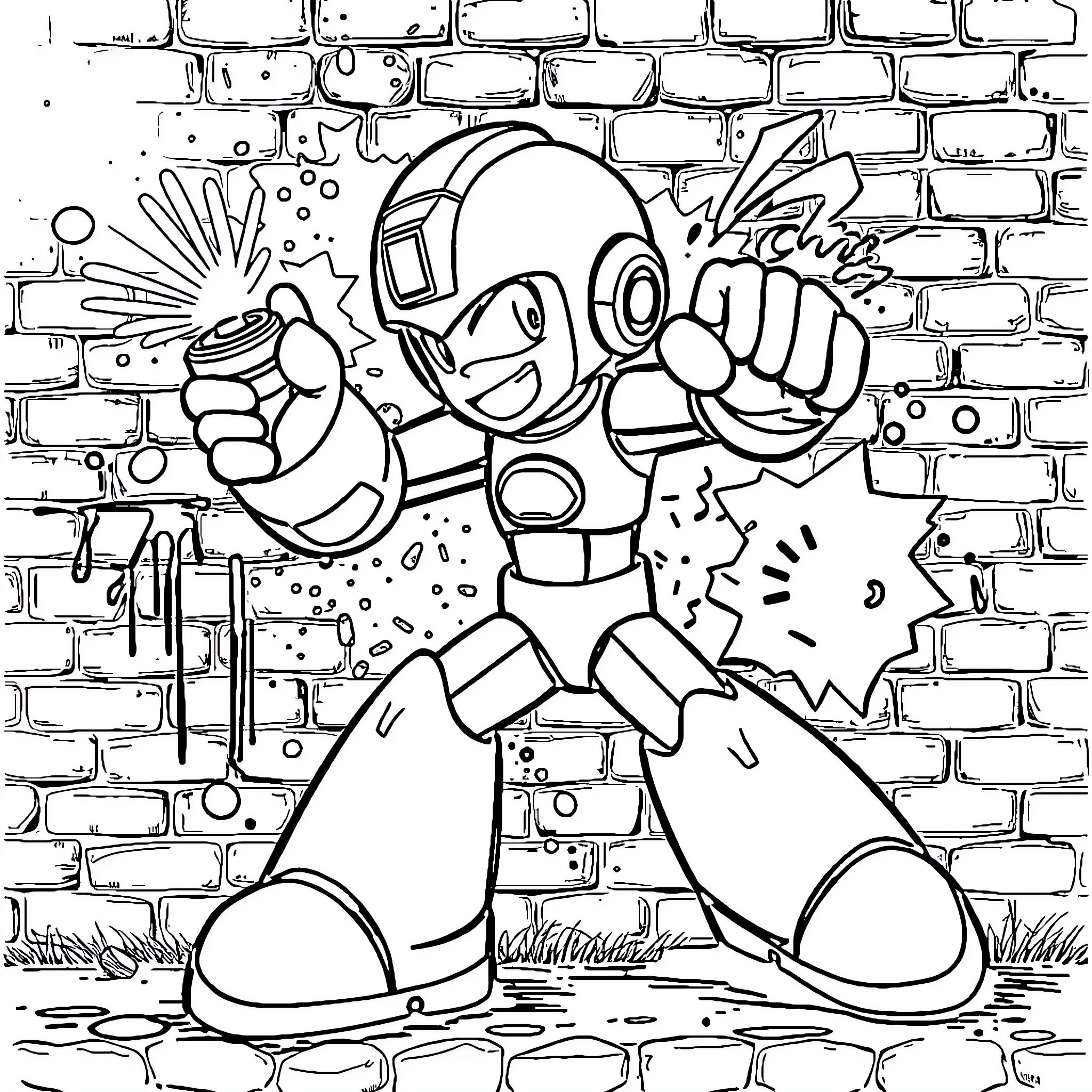 Megaman Blasts Through Obstacles with Determination Coloring Page (free black-and-white line drawing printable PDF for all, from beginners to advanced learners, including children, teens, adults, and seniors)