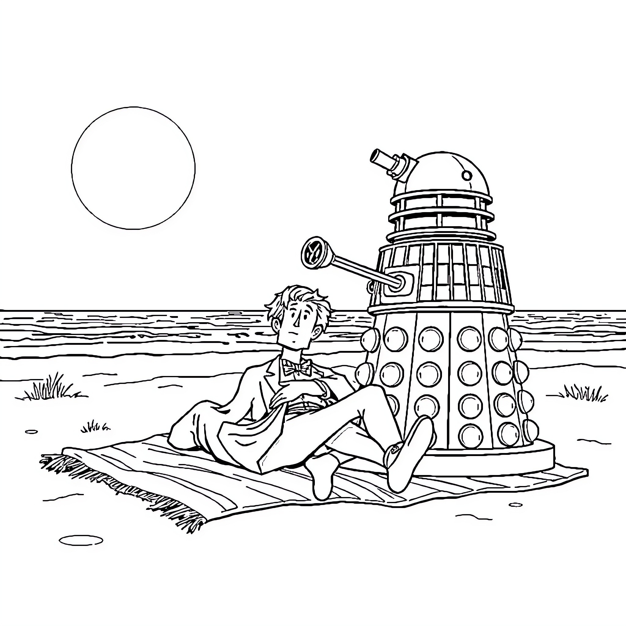 Doctor Confronts Extraterrestrial Being on Alien Planet Coloring Page (free black-and-white line drawing printable PDF for all, from beginners to advanced learners, including children, teens, adults, and seniors)