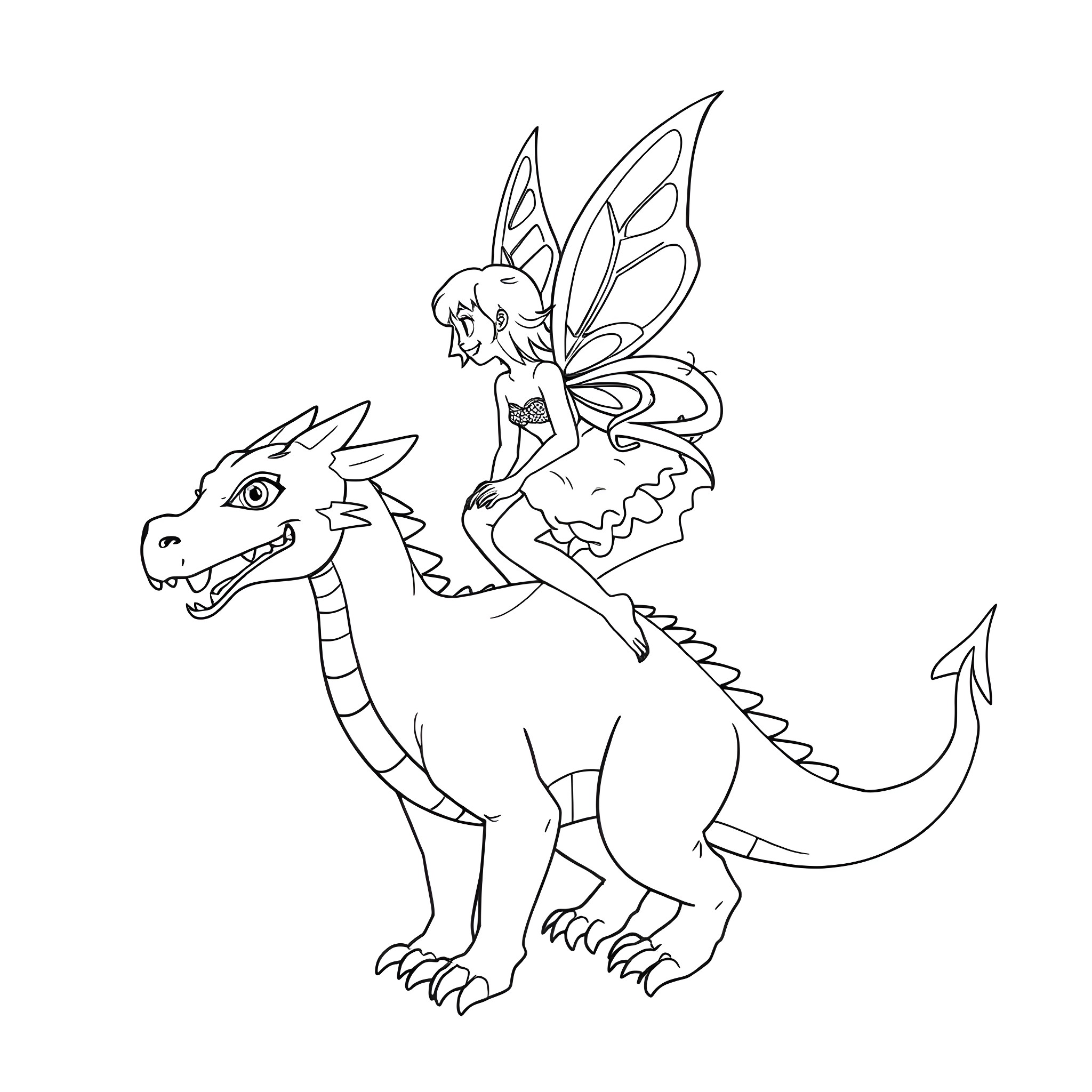 Fairy riding on a fantasy dragon Coloring Page (free black-and-white line drawing printable PDF for all, from beginners to advanced learners, including children, teens, adults, and seniors)