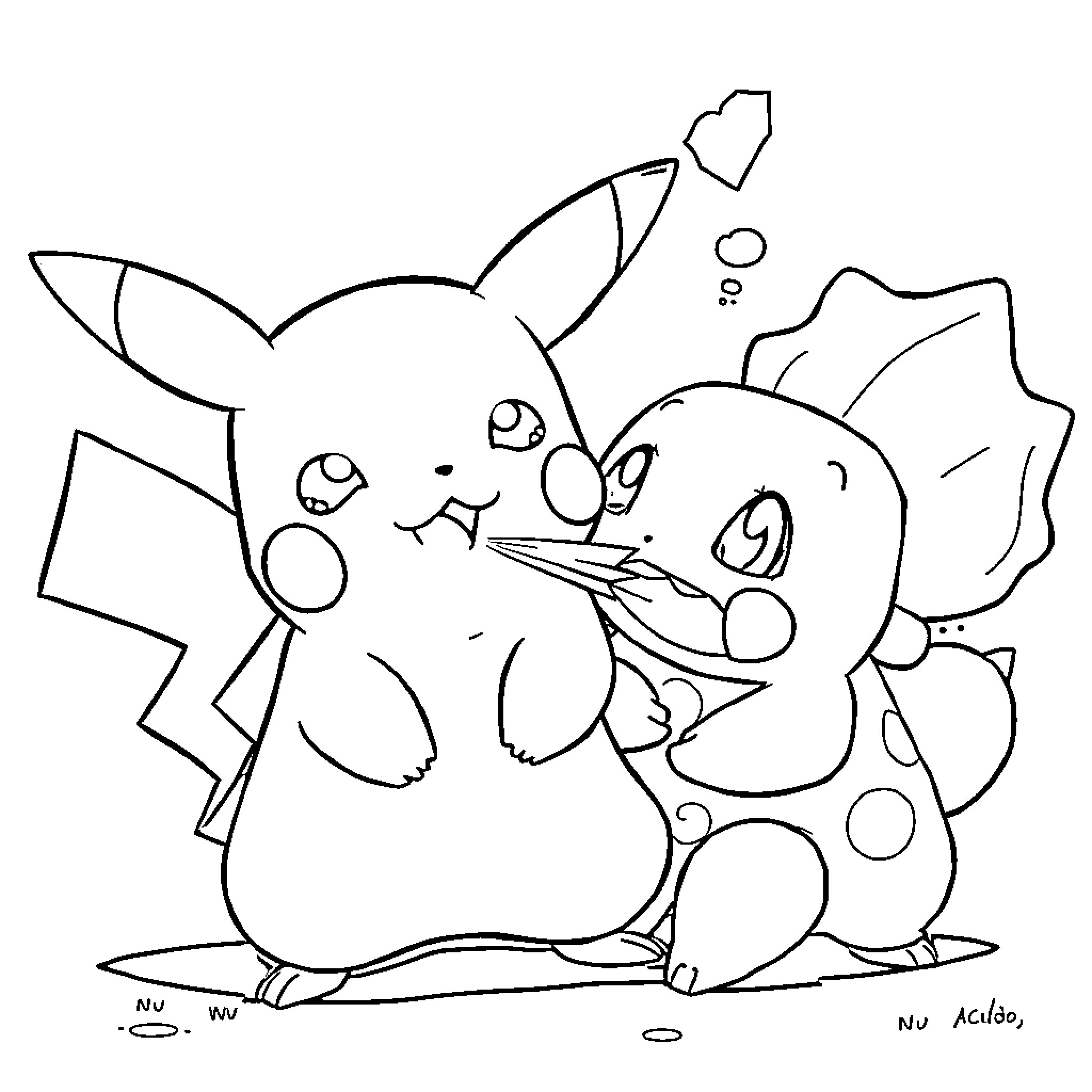 Pikachu and Charmander playing together Coloring Page (free black-and-white line drawing printable PDF for all, from beginners to advanced learners, including children, teens, adults, and seniors)