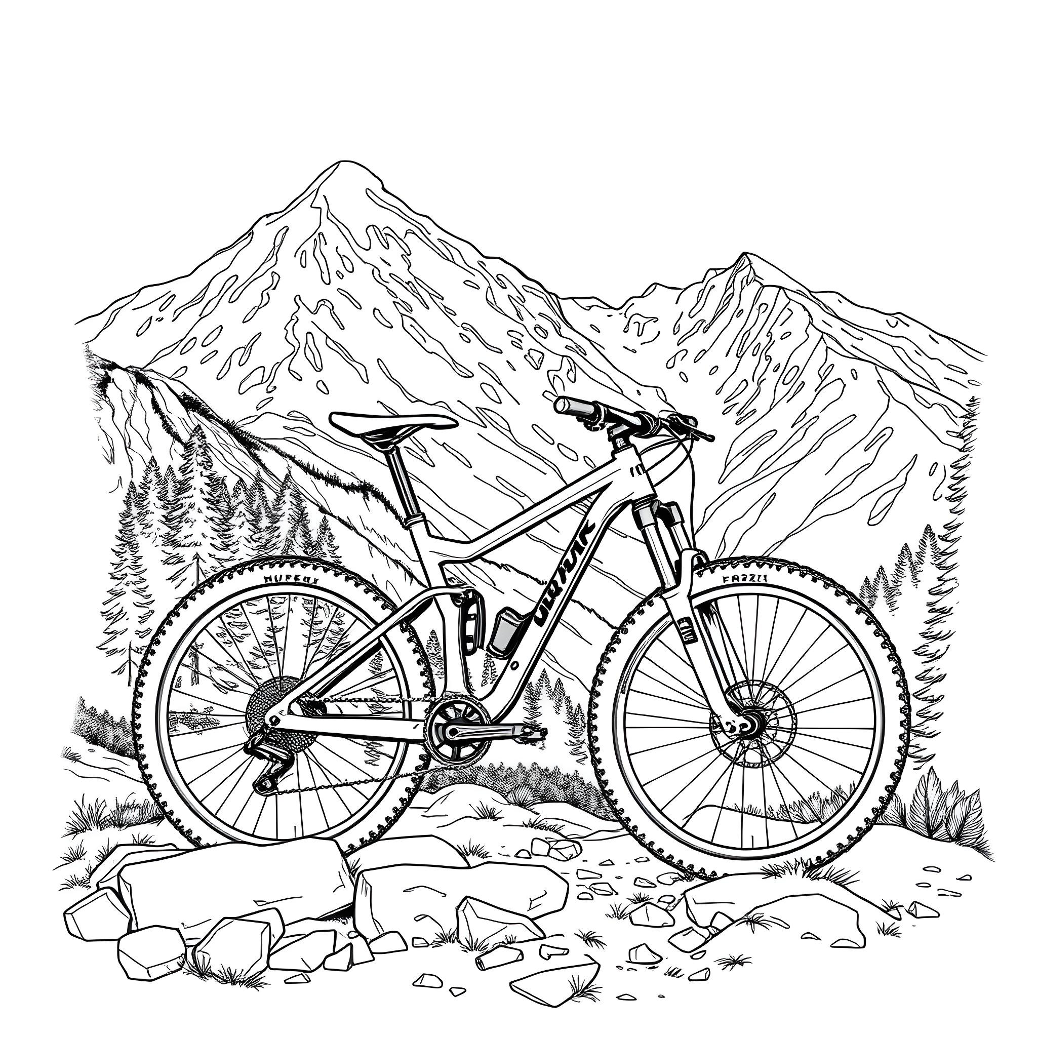 Bicycle riding through mountain landscape Coloring Page (free black-and-white line drawing printable PDF for all, from beginners to advanced learners, including children, teens, adults, and seniors)