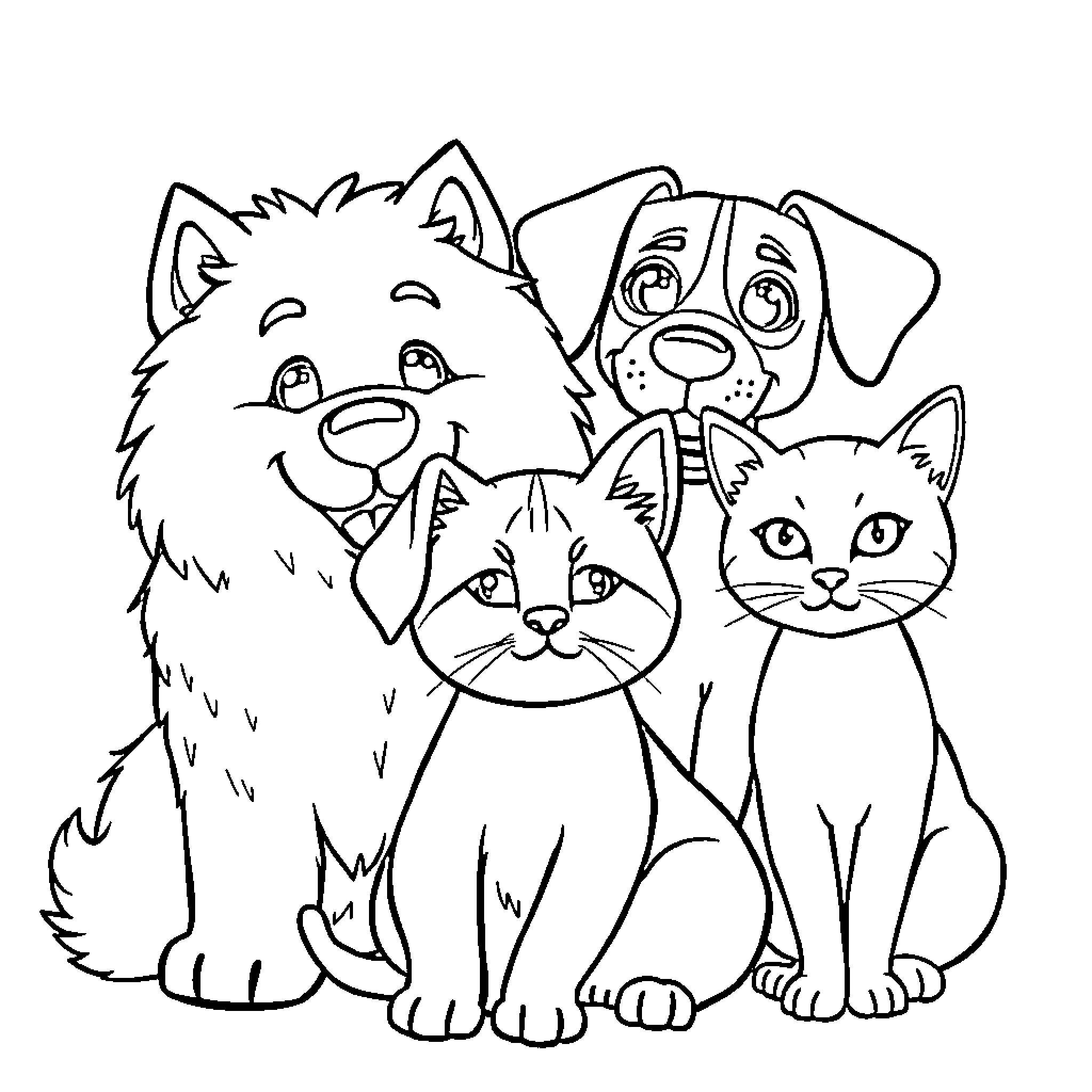 Dog and Cat Friends Having Fun Together Coloring Page (free black-and-white line drawing printable PDF for all, from beginners to advanced learners, including children, teens, adults, and seniors)