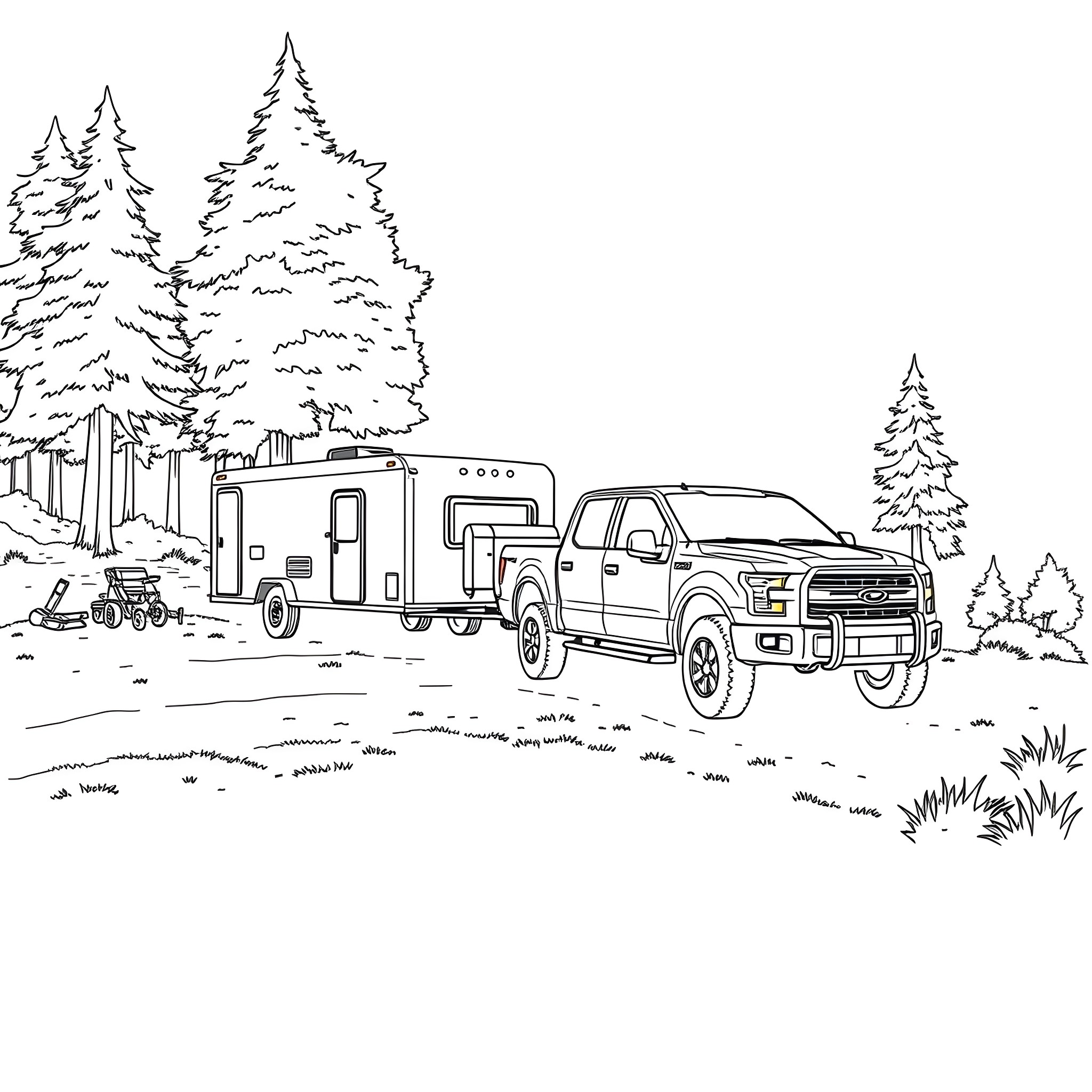 Truck towing camper through forest landscape Coloring Page (free black-and-white line drawing printable PDF for all, from beginners to advanced learners, including children, teens, adults, and seniors)