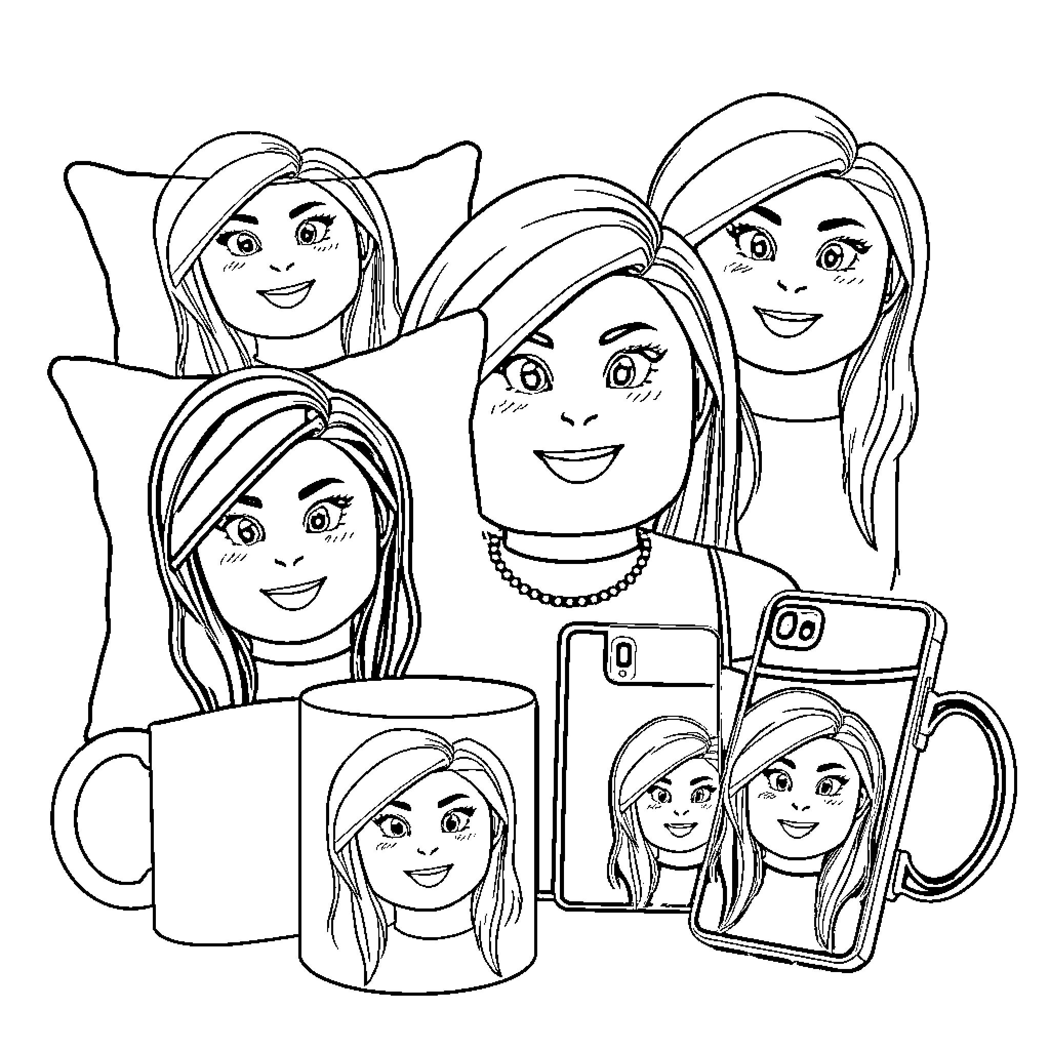 Roblox Woman Selfies and Accessories Coloring Page (free black-and-white line drawing printable PDF for all, from beginners to advanced learners, including children, teens, adults, and seniors)