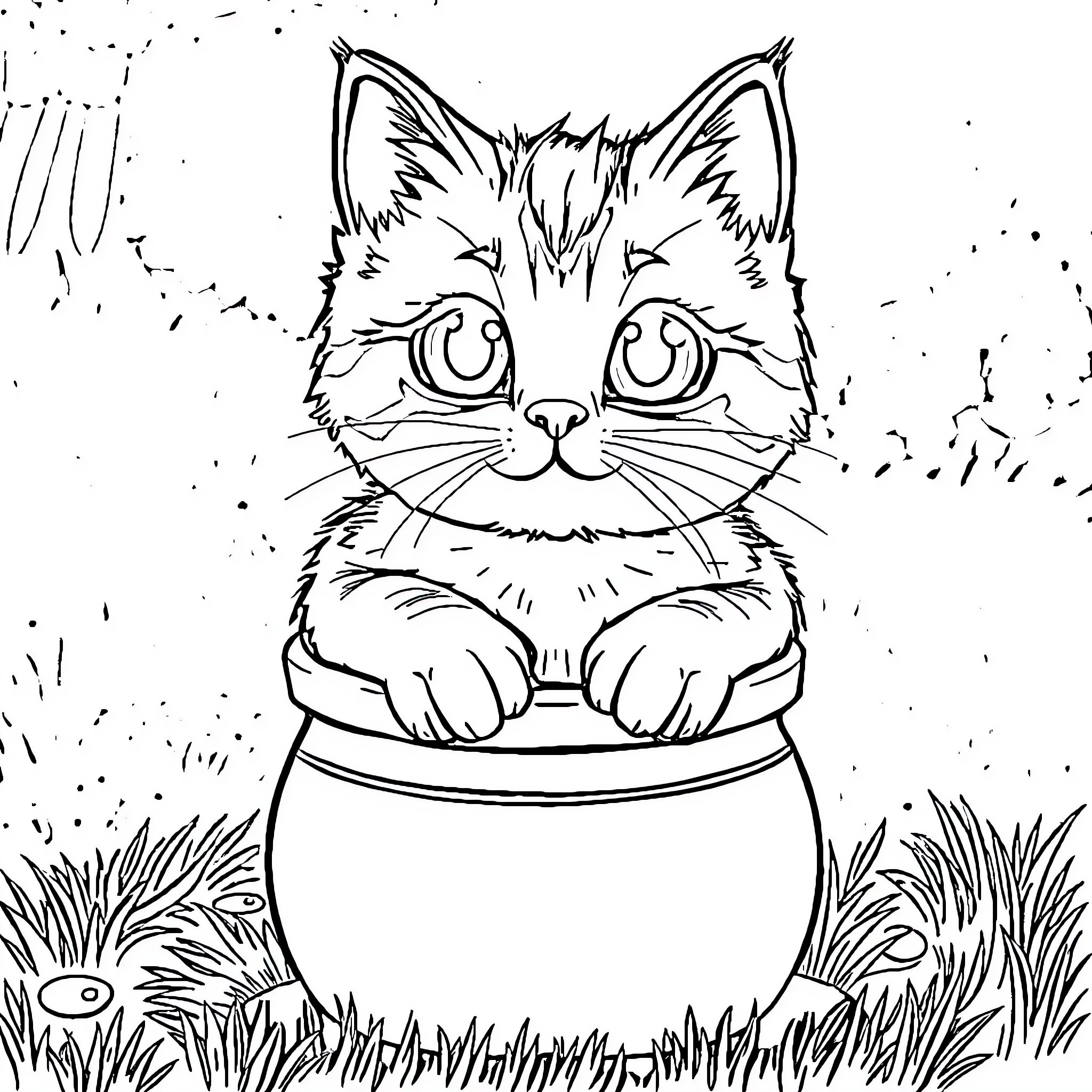Cat peering from flower pot in grassy field Coloring Page (free black-and-white line drawing printable PDF for all, from beginners to advanced learners, including children, teens, adults, and seniors)