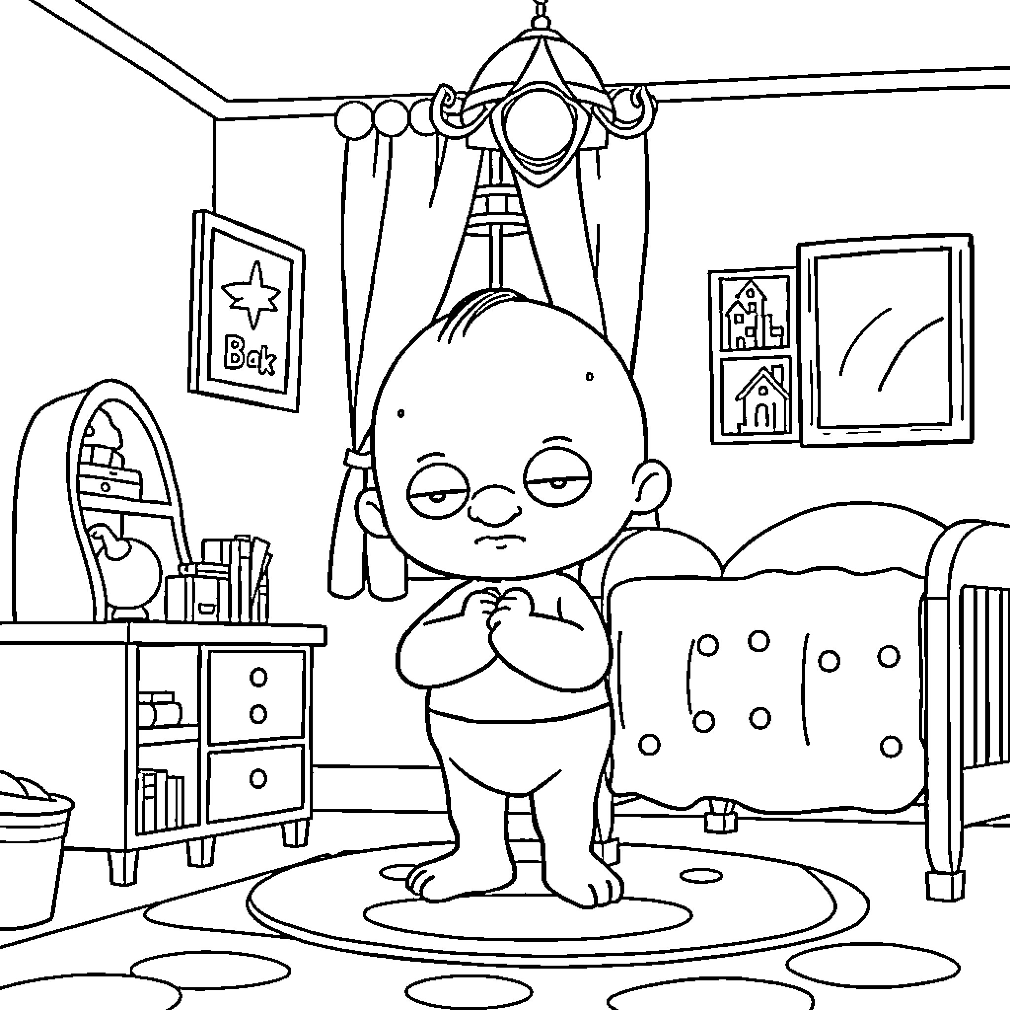 Stewie relaxing in his cozy bedroom Coloring Page (free black-and-white line drawing printable PDF for all, from beginners to advanced learners, including children, teens, adults, and seniors)