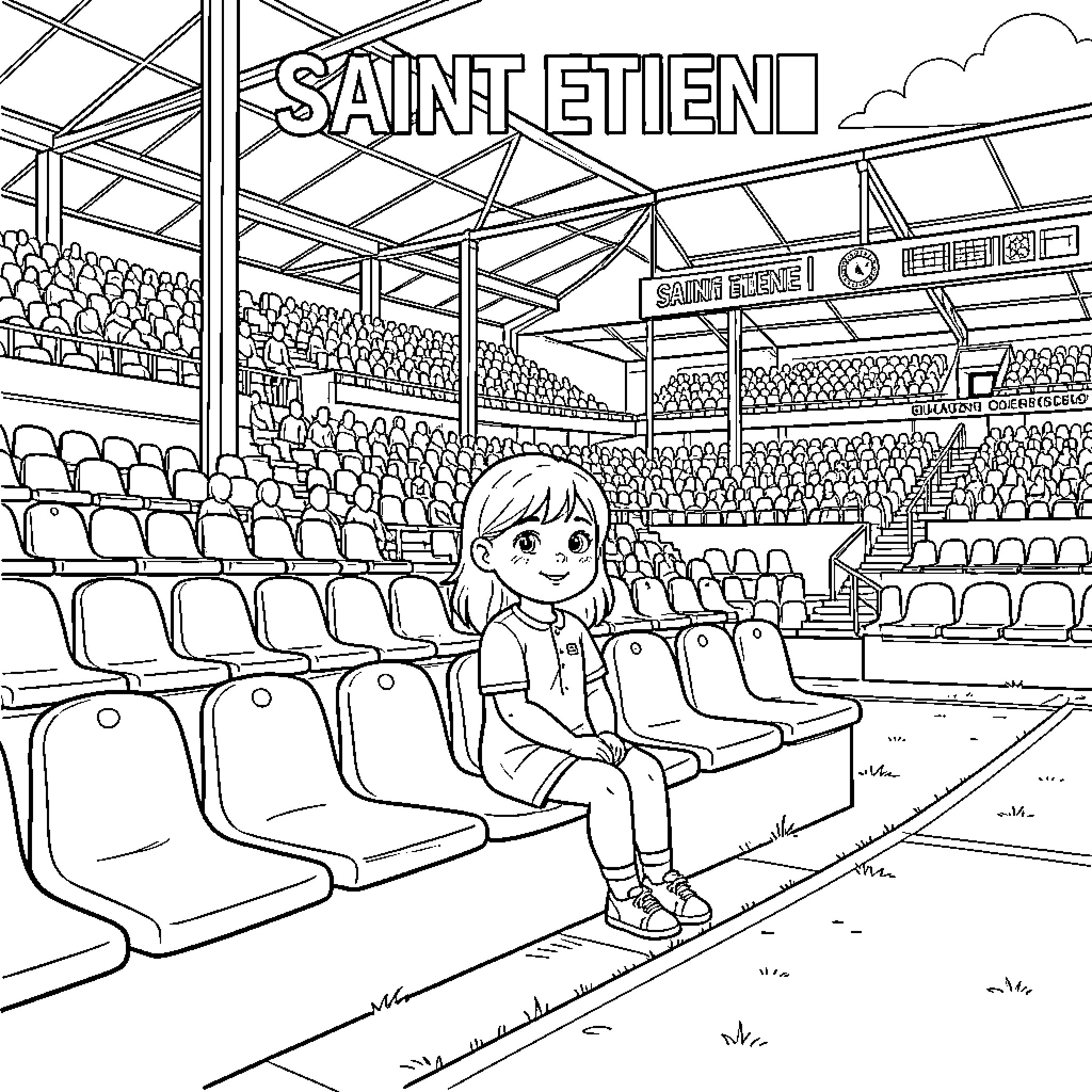 Fille sitting in empty stadium seats smiling Coloring Page (free black-and-white line drawing printable PDF for all, from beginners to advanced learners, including children, teens, adults, and seniors)