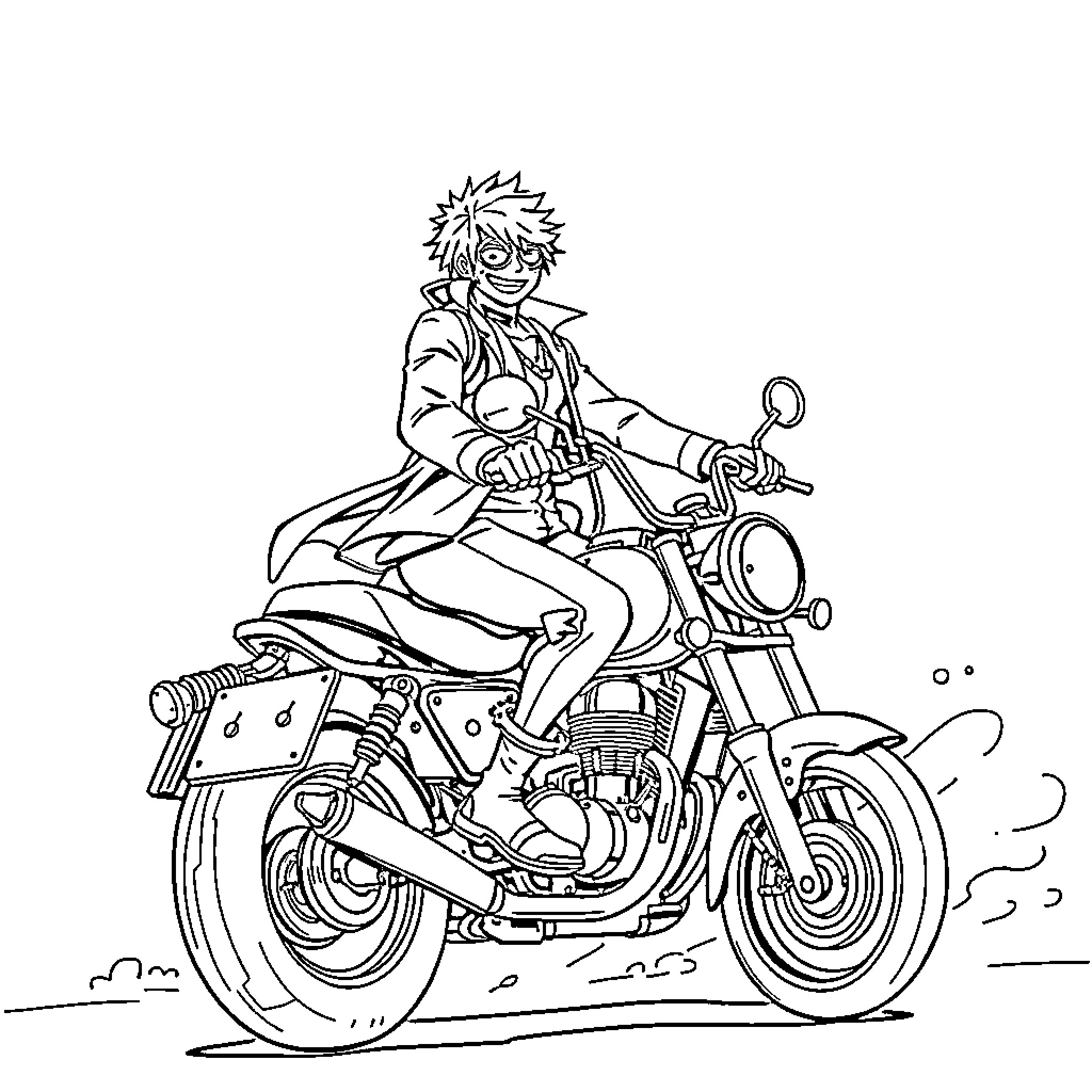 One Piece Character Riding a Motorcycle Coloring Page (free black-and-white line drawing printable PDF for all, from beginners to advanced learners, including children, teens, adults, and seniors)