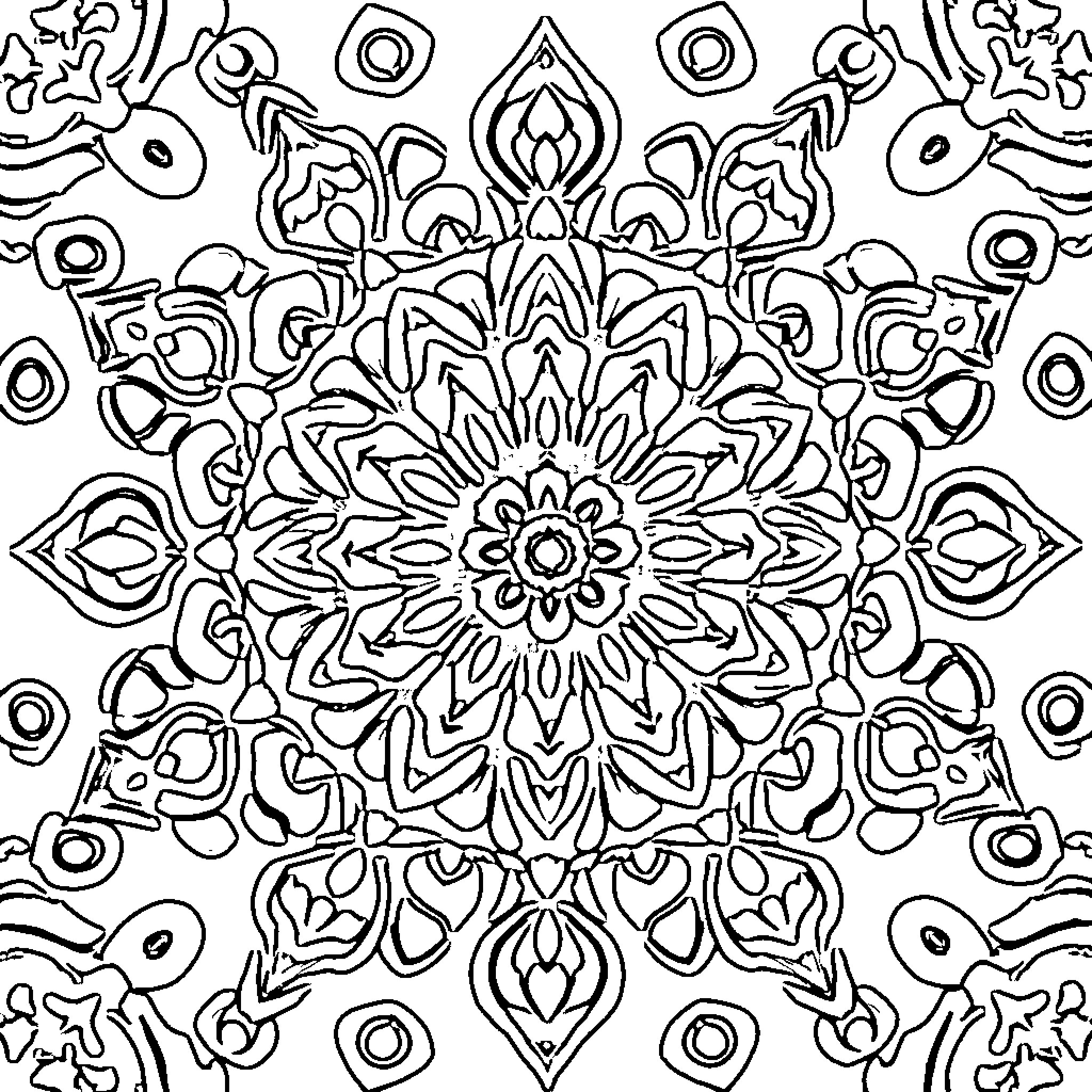 Mandala of intricate geometric patterns Coloring Page (free black-and-white line drawing printable PDF for all, from beginners to advanced learners, including children, teens, adults, and seniors)