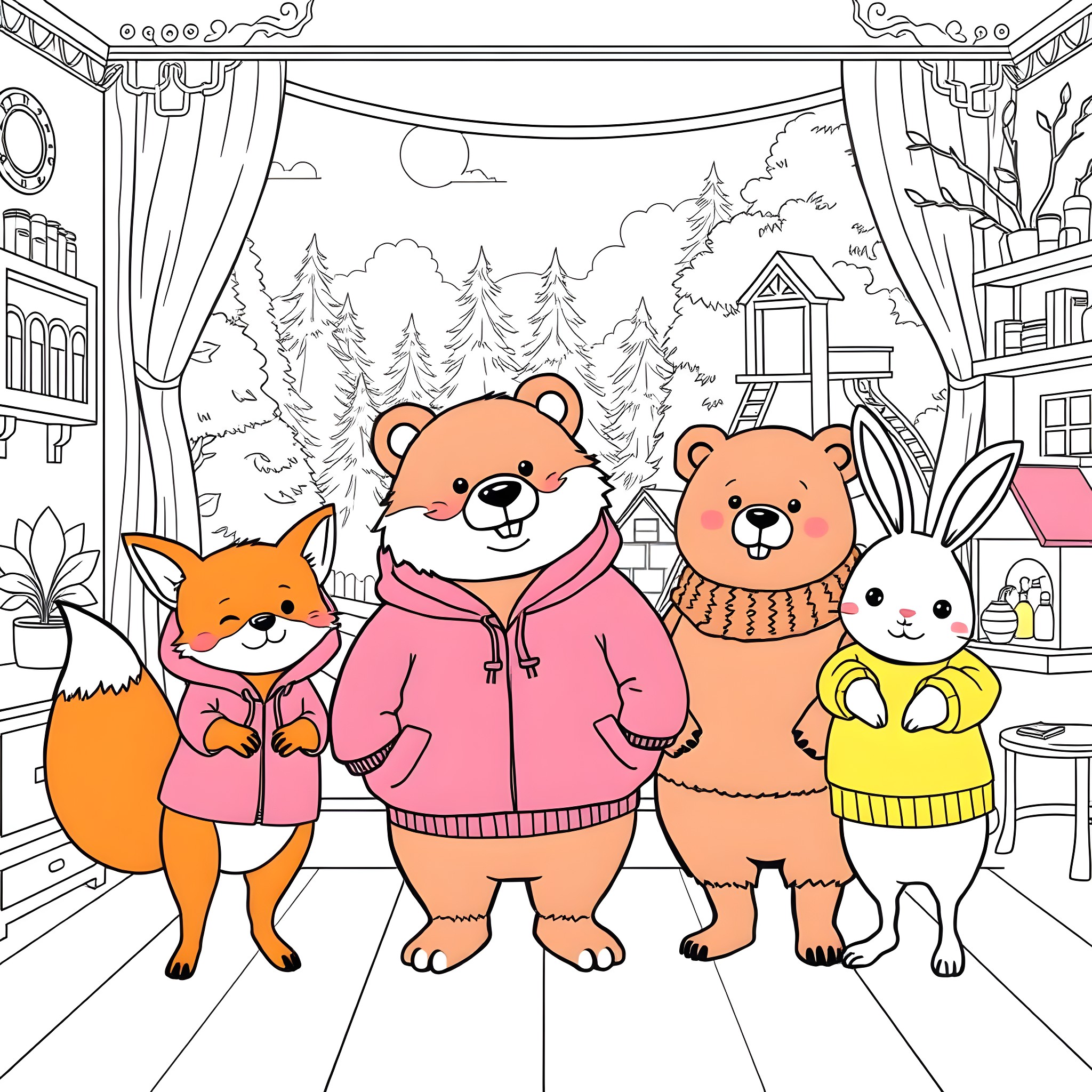 Animal friends enjoying the winter scenery Coloring Page (free black-and-white line drawing printable PDF for all, from beginners to advanced learners, including children, teens, adults, and seniors)