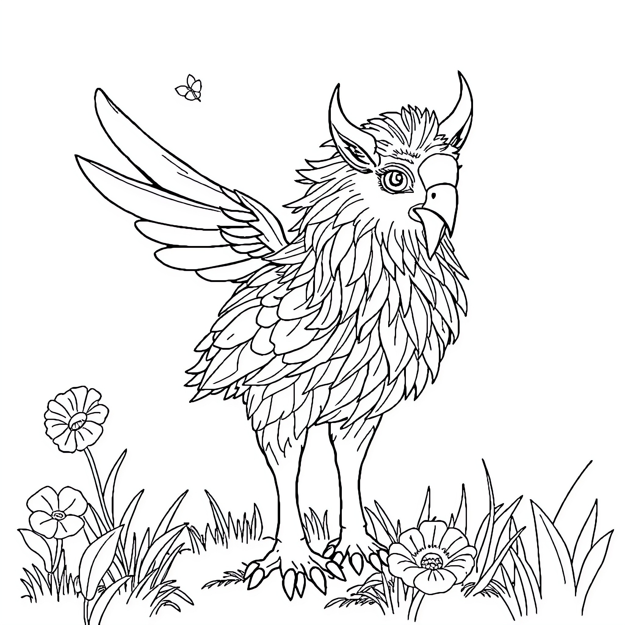 Truck carrying colorful parrot in a meadow Coloring Page (free black-and-white line drawing printable PDF for all, from beginners to advanced learners, including children, teens, adults, and seniors)